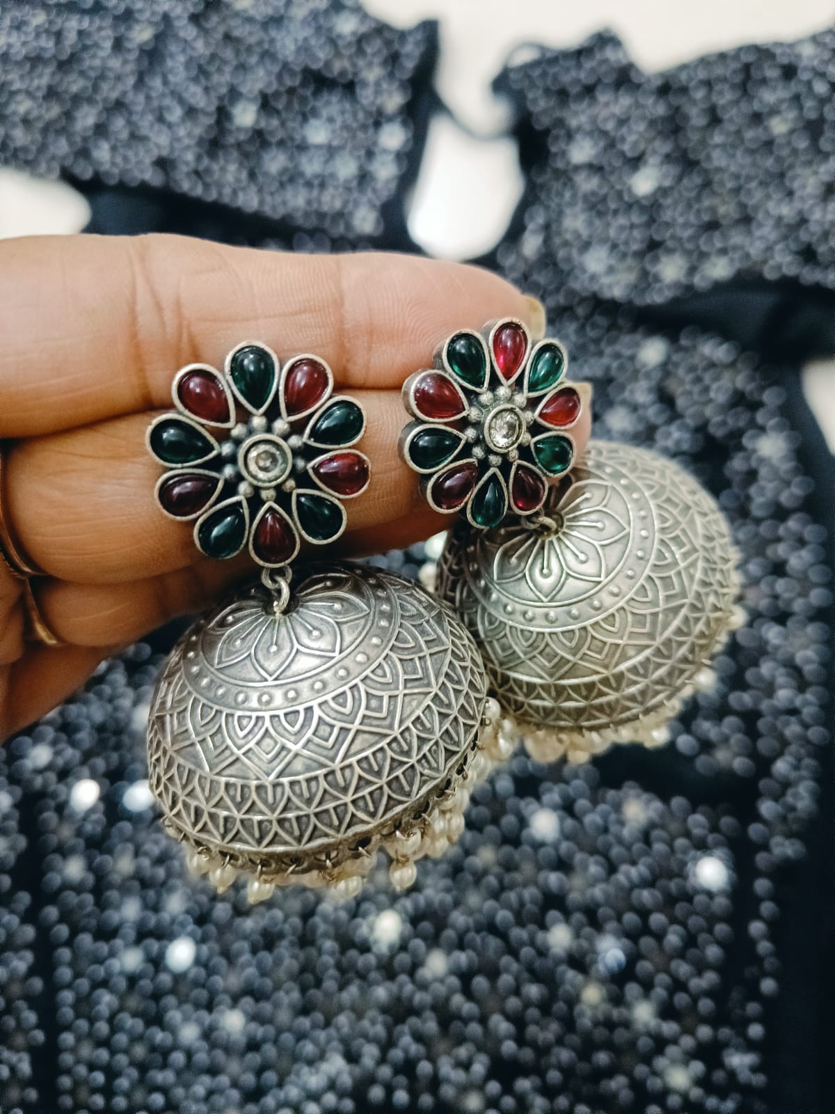 Big jhumka Silver Look Alike  Earrings