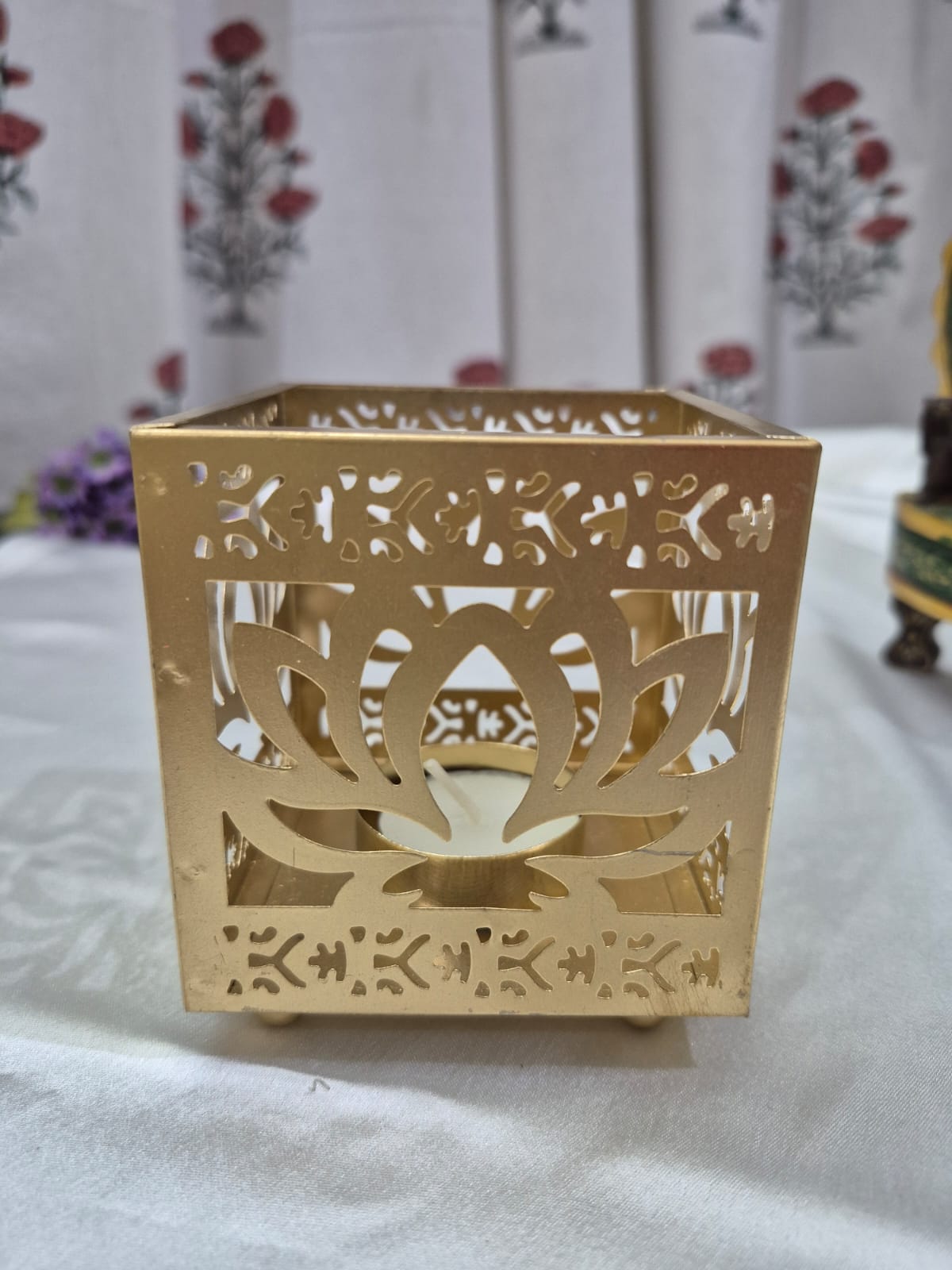 Metal Lotus-Engraved Box Tea Light Holder