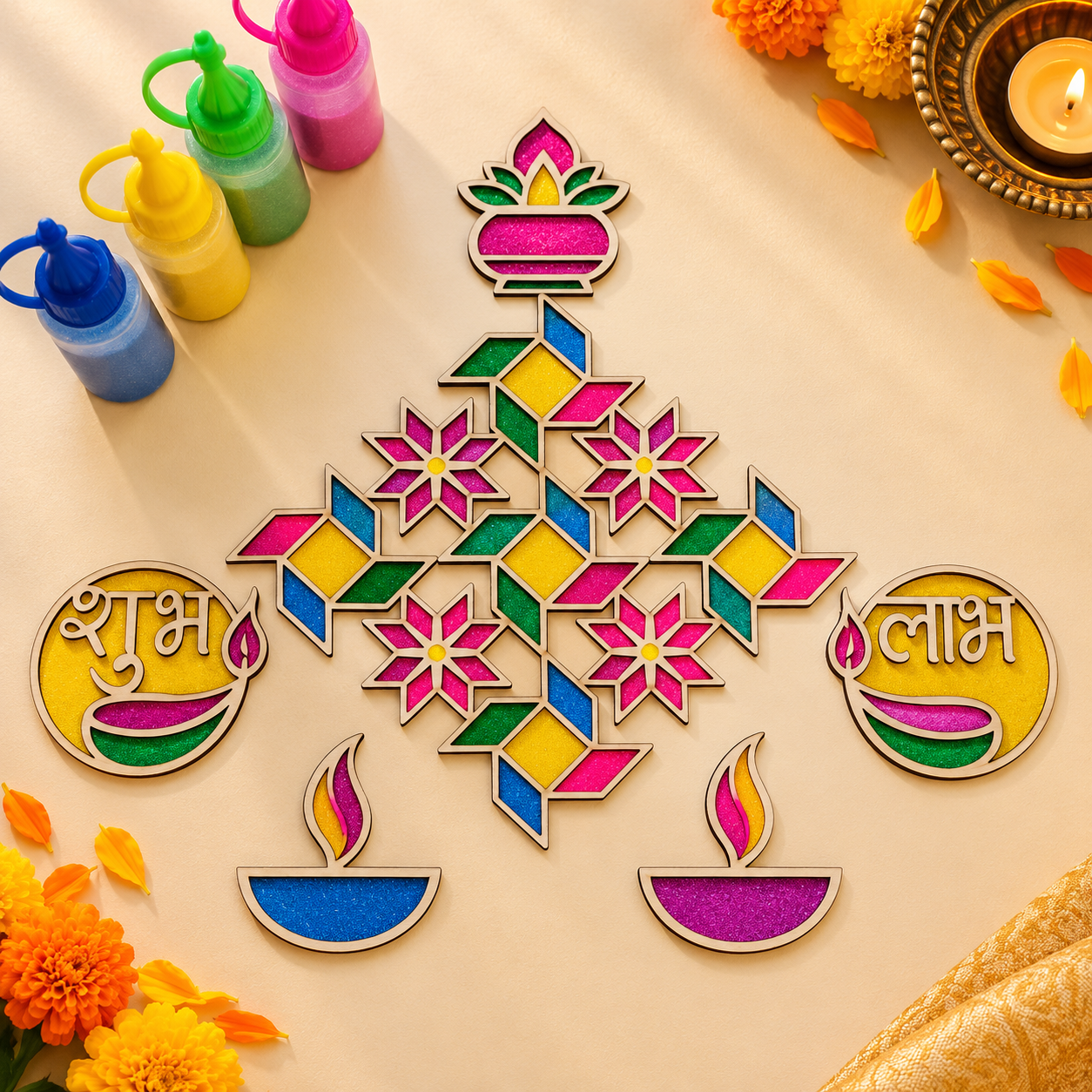 MDF Rangoli stencils with powder colors 10pc Combo