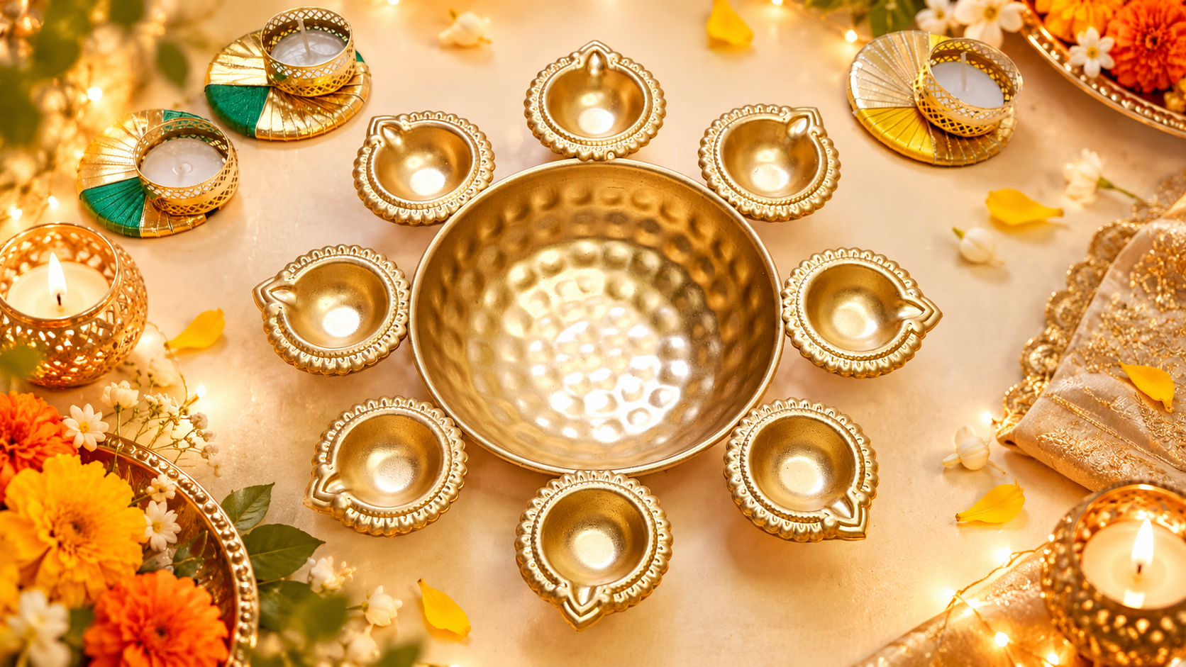 Metal 9 Diya Urli with Free Gift