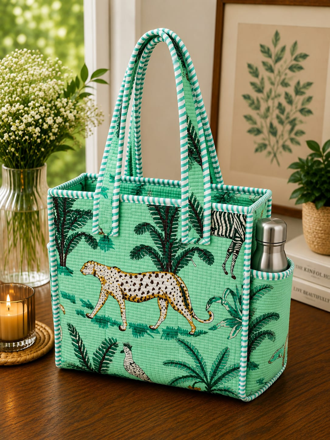 Quilted Cotton Tote Bag with Bottle Holder
