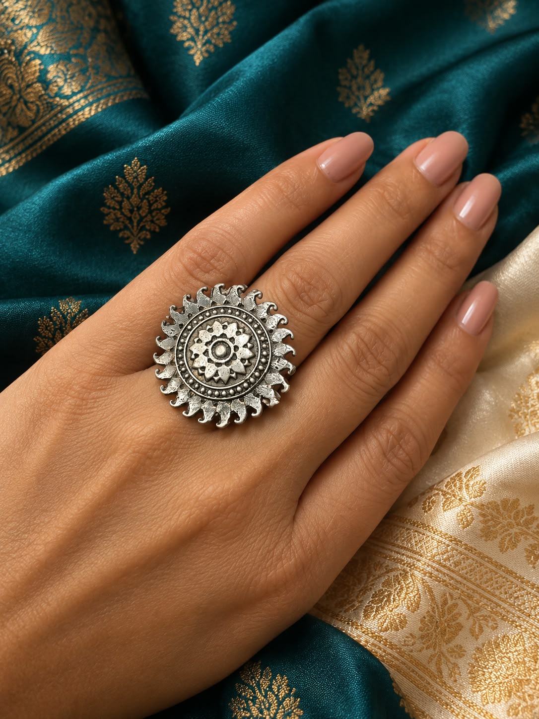 Aarvika Oxidised Silver-Look Adjustable Ring