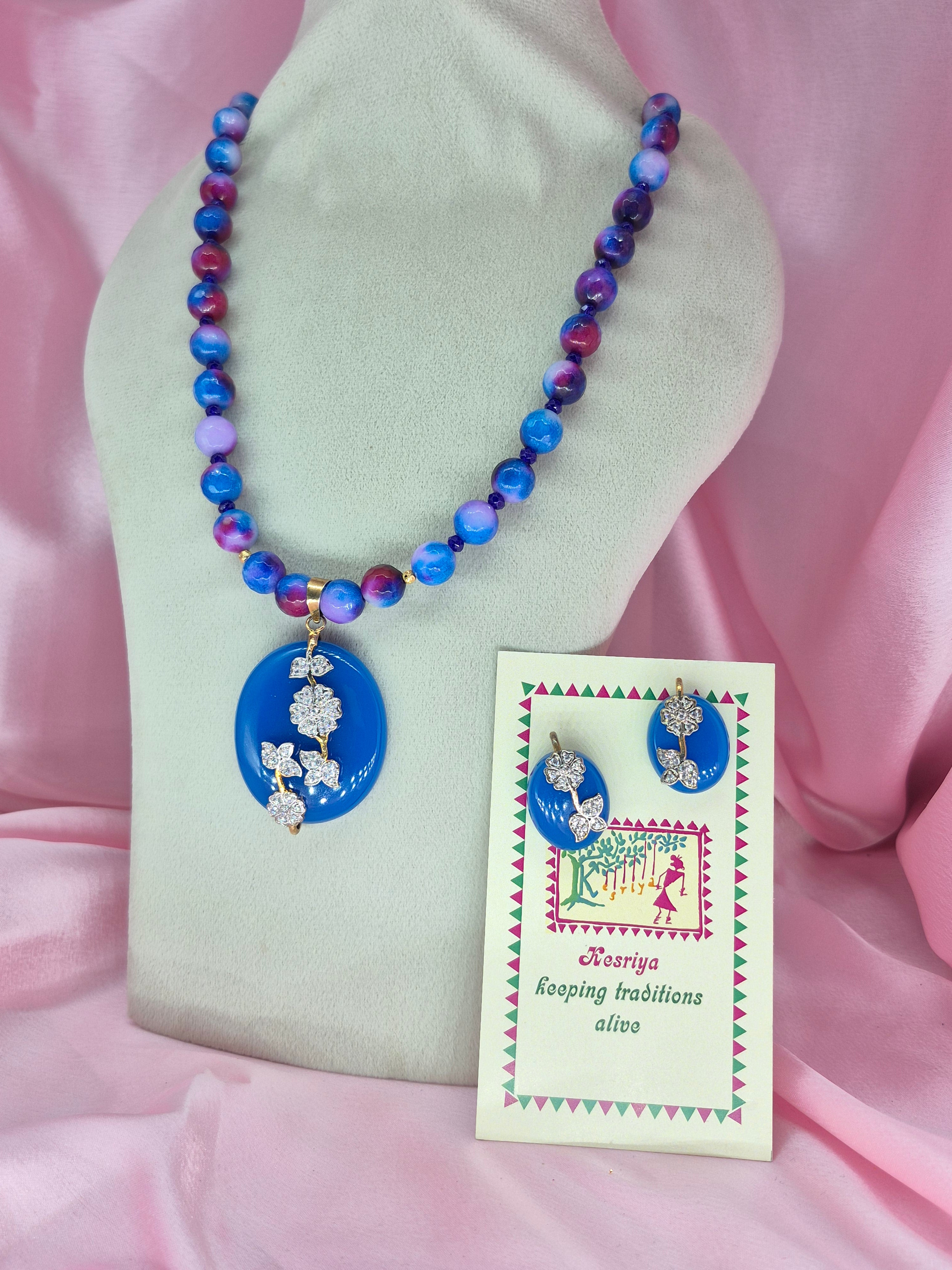 Aqua Agate Semi Precious Mala Pendant Set