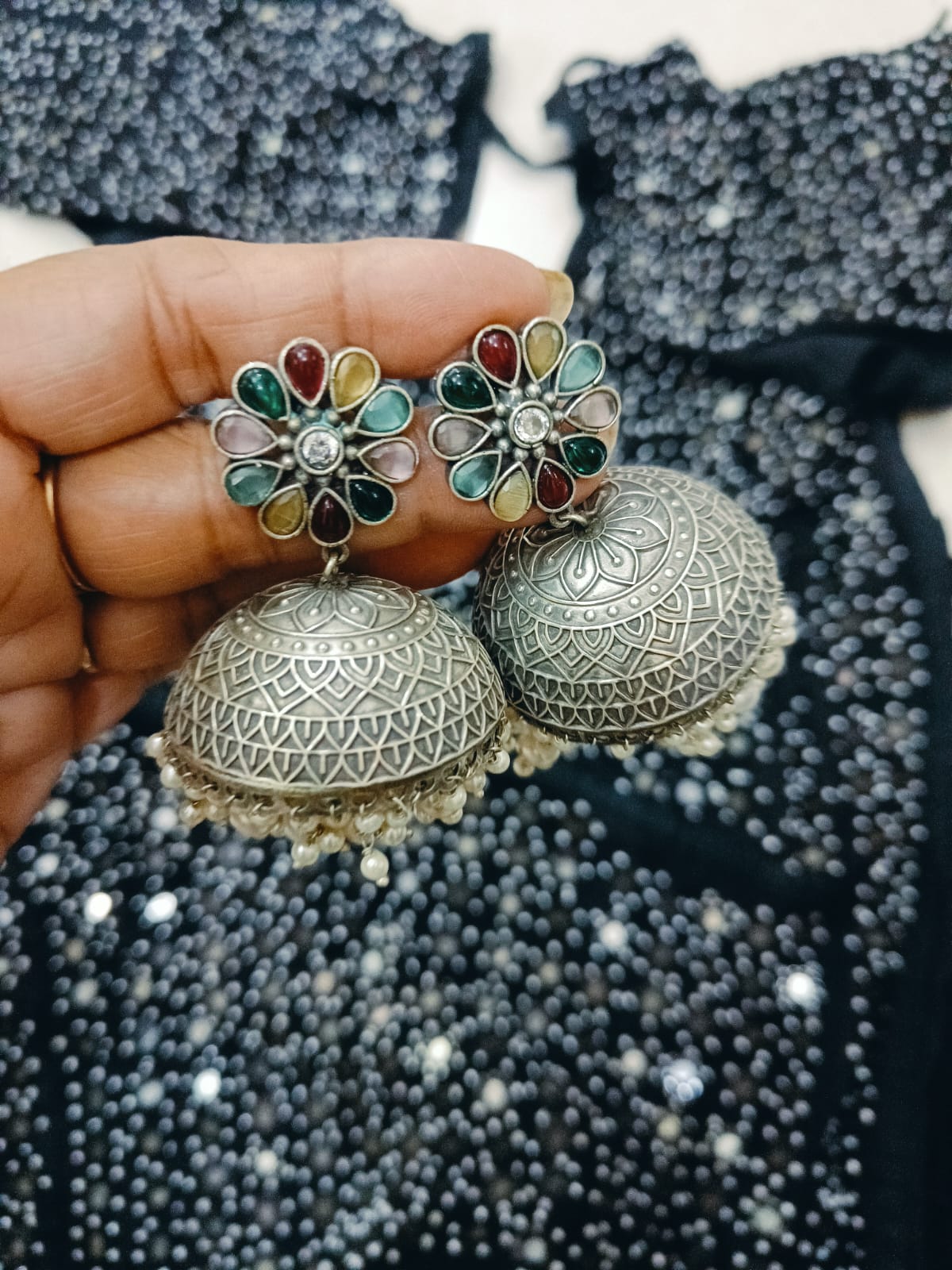 Big jhumka Silver Look Alike  Earrings