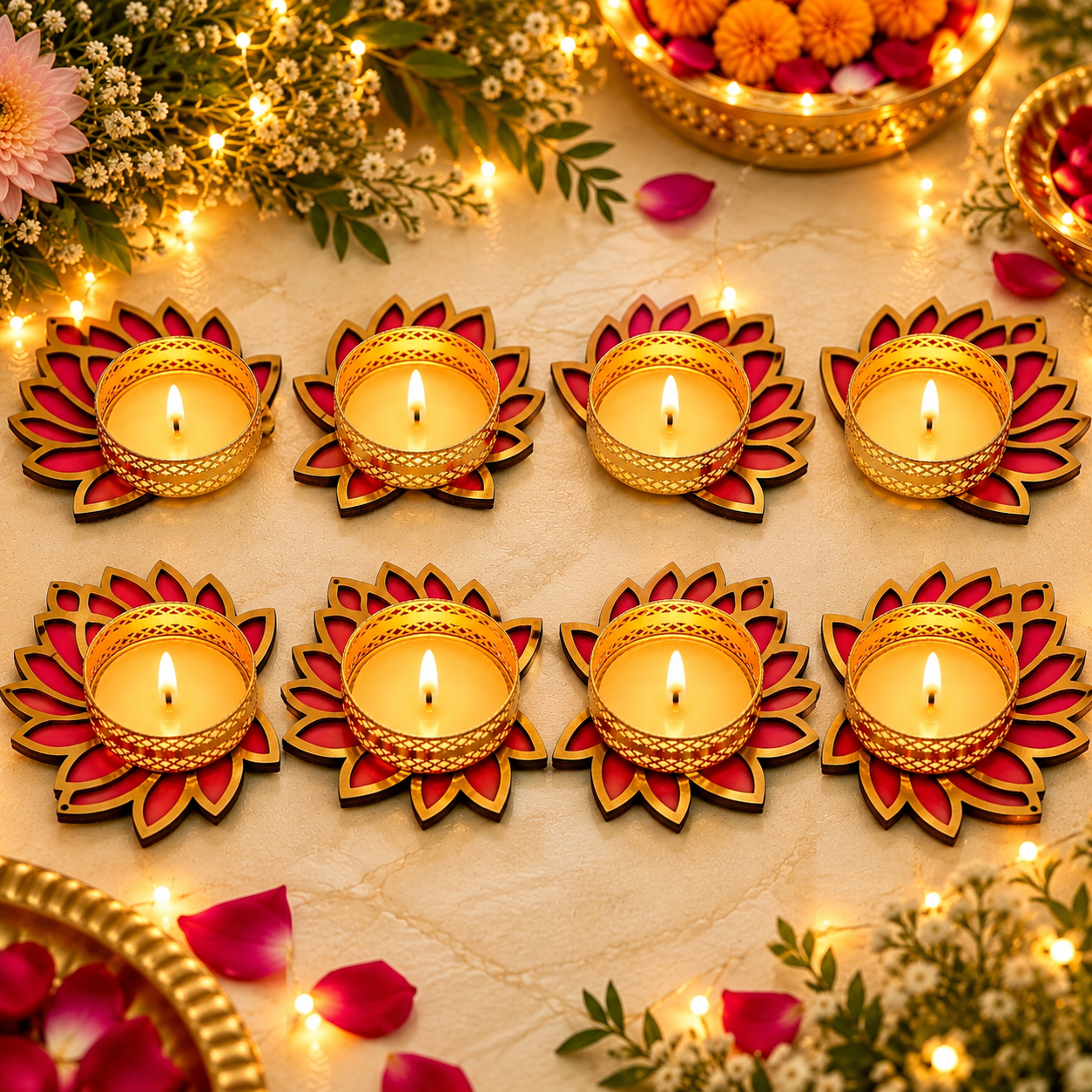 STARLIT DECORATIVE 4/8 DIYA SET [ With 4/8 WAX TEALIGHTS]