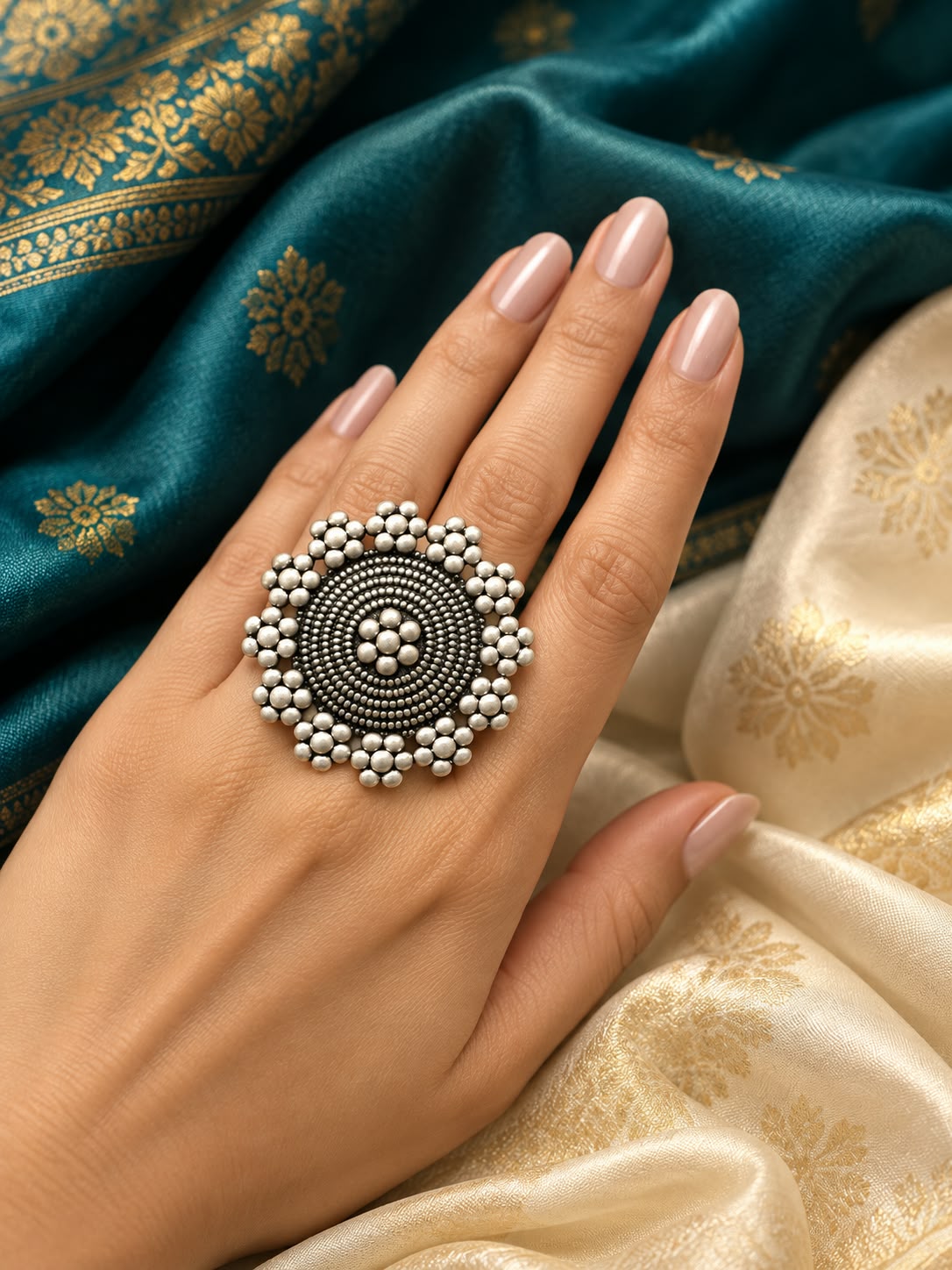 Jharokha Oxidised Silver-Look Adjustable Ring