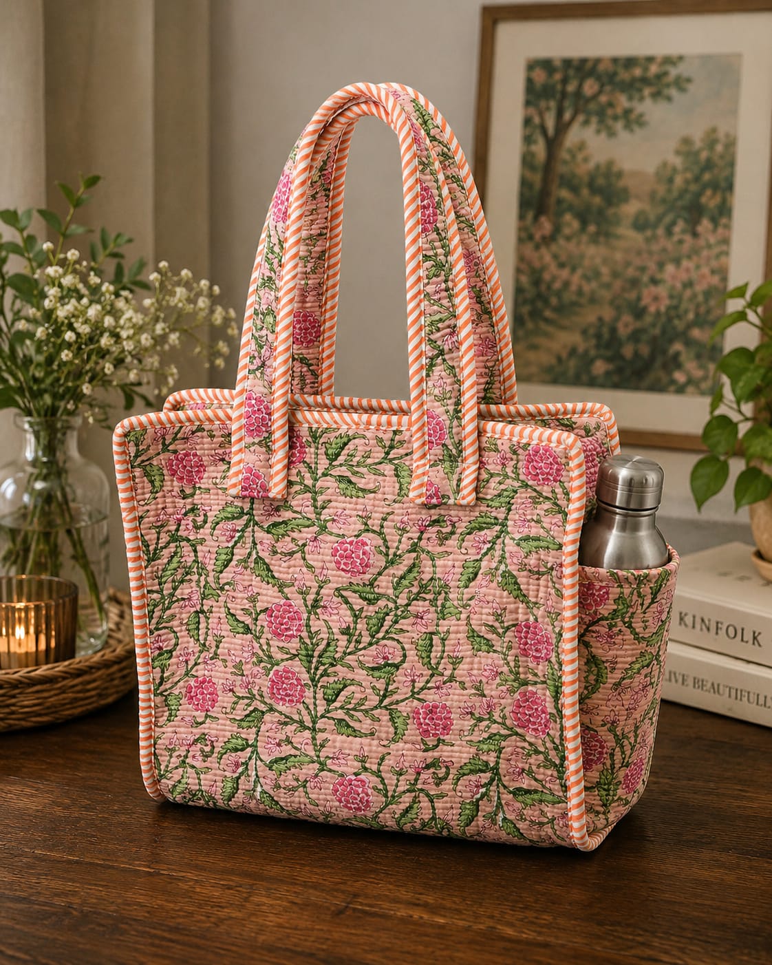 Cotton Tote Bag with Bottle Holder