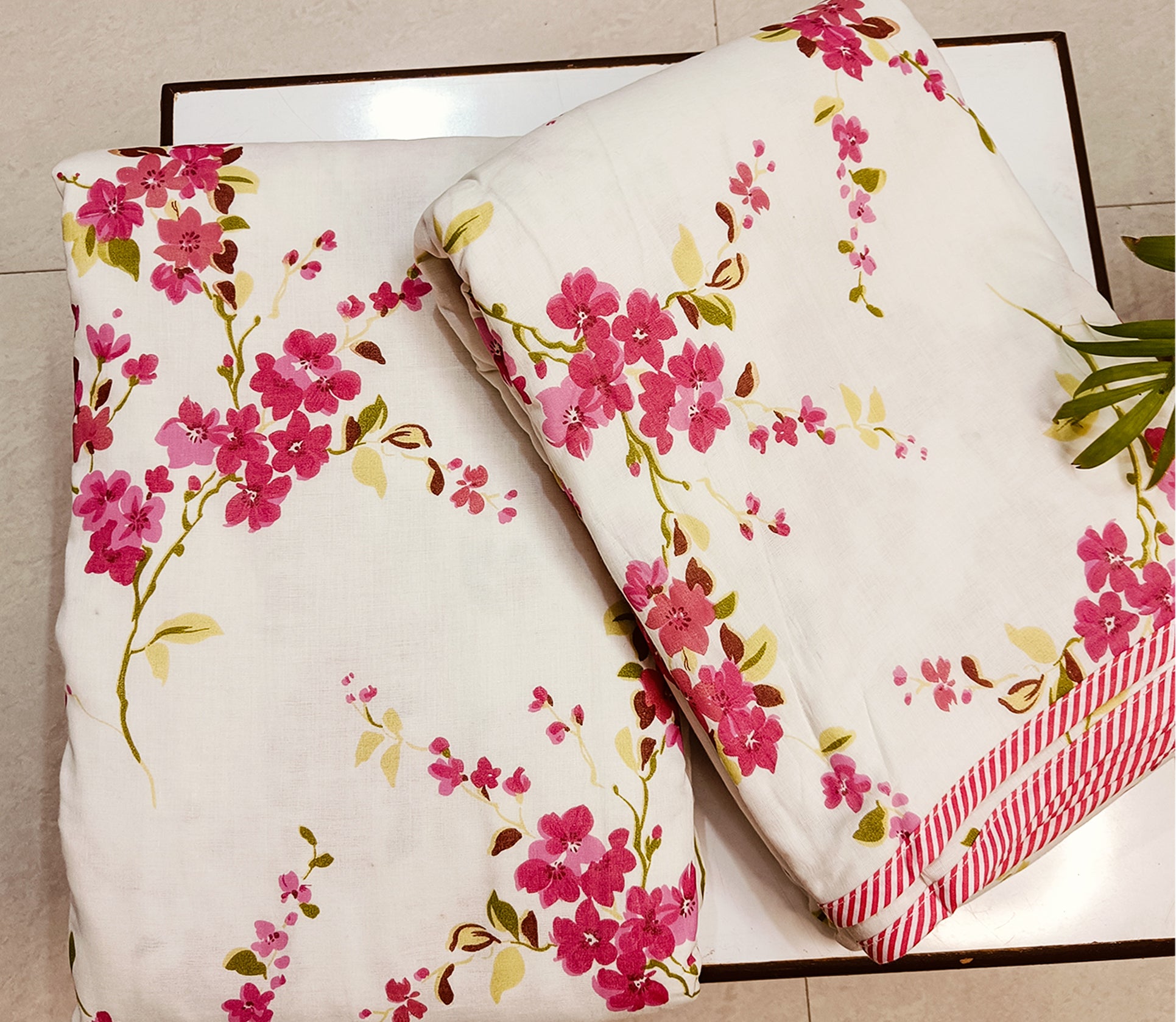 Cherry-Blossom Mulmul  - Reversible AC Cotton Dohar Pair