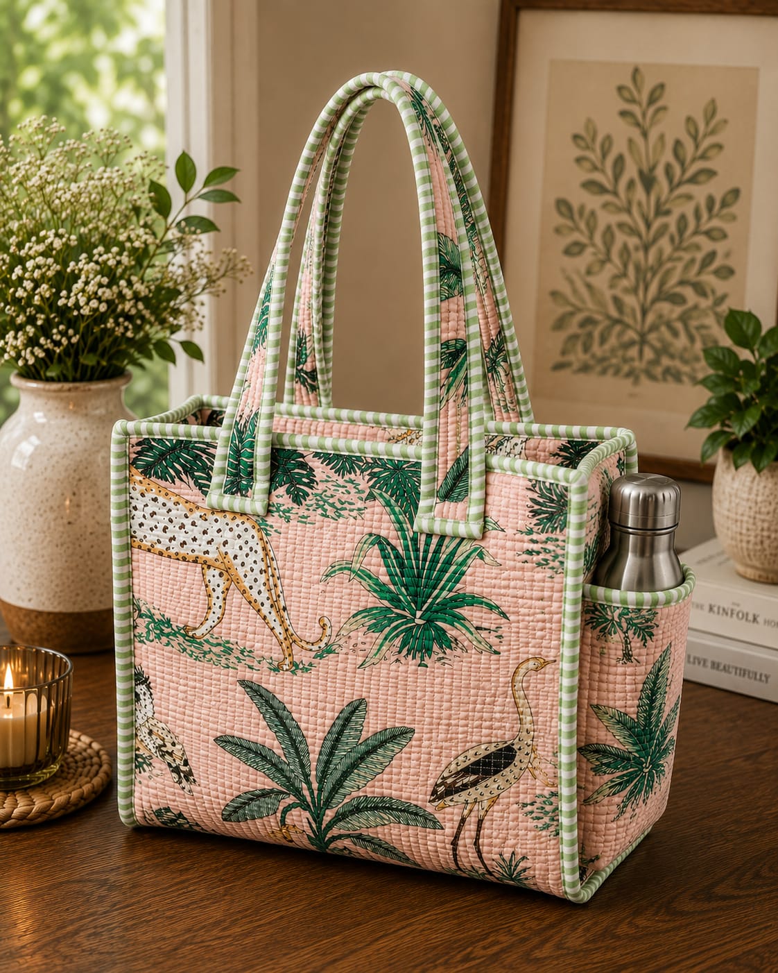 Quilted Cotton Tote Bag with Bottle Holder