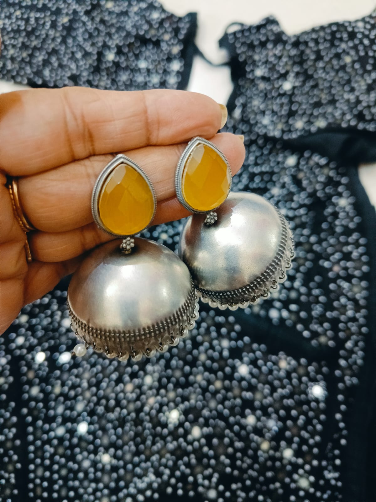 Yellow Drop Silver Look Alike Jhumka Earrings