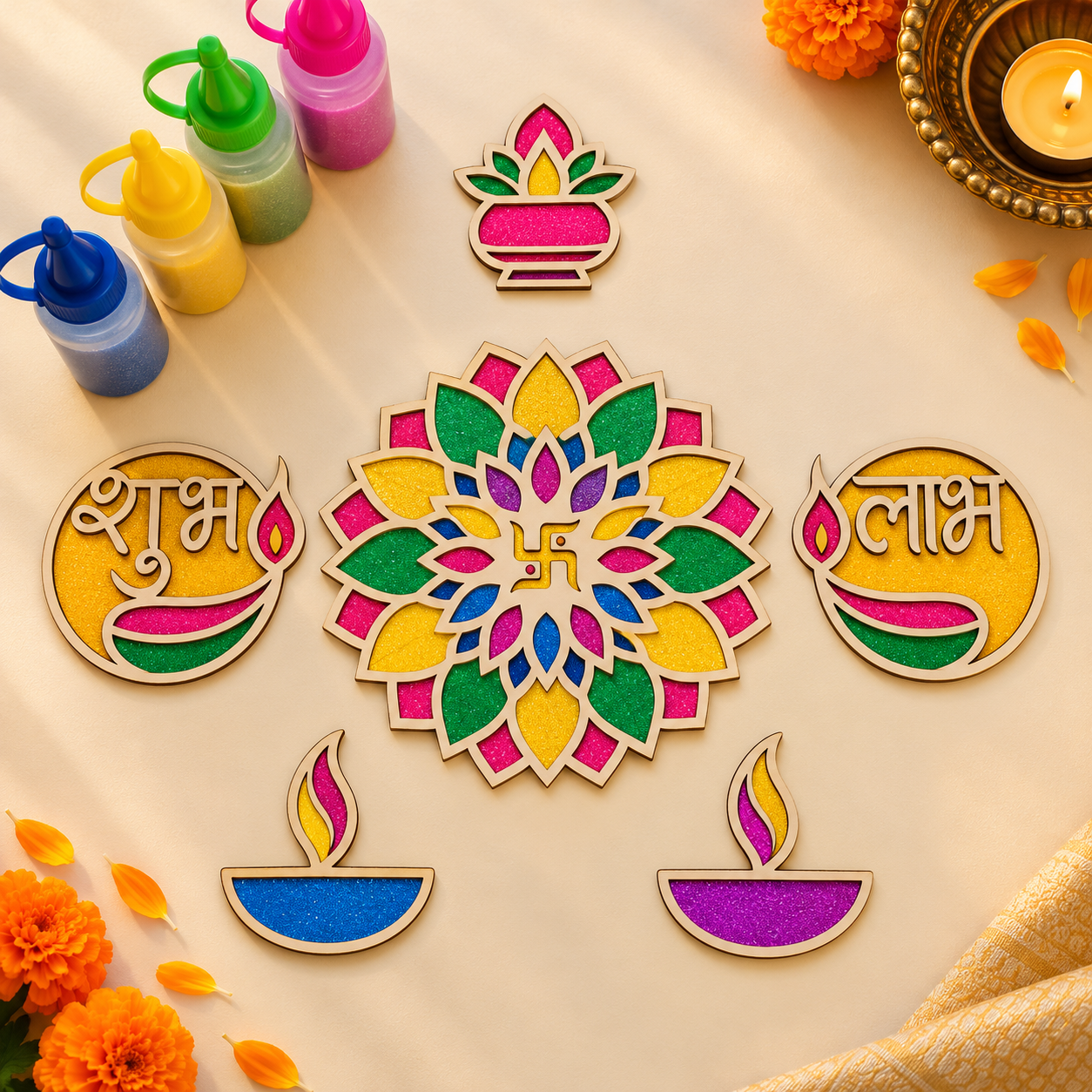 MDF Rangoli stencils with powder colors 10pc Combo