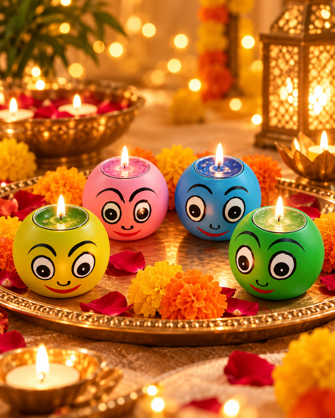 Handcrafted Multicolor Smiley Ball Tealight Holder ( Set of 4 ) - Decorative Candle Holders For home