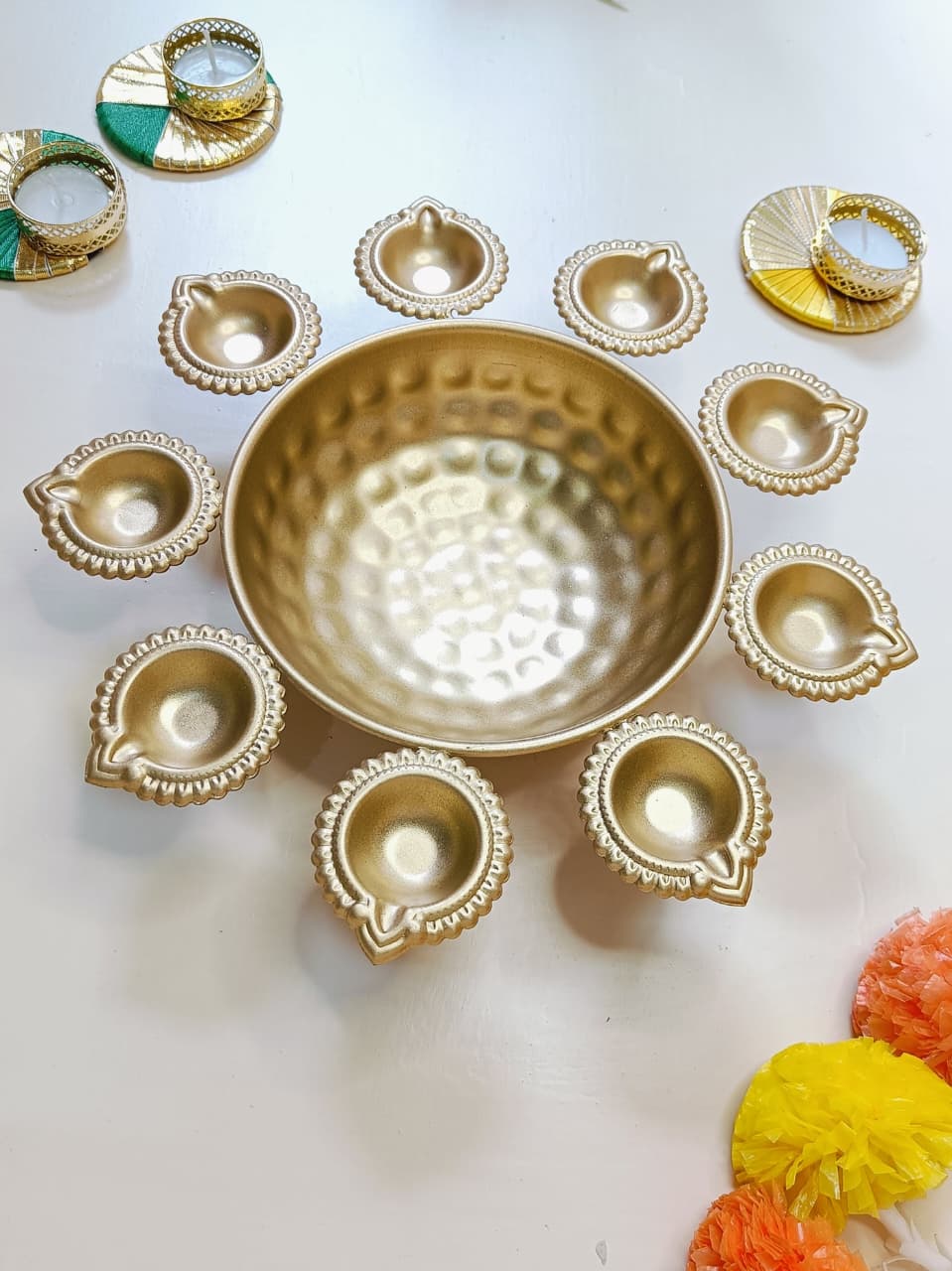 Metal 9 Diya Urli with Free Gift