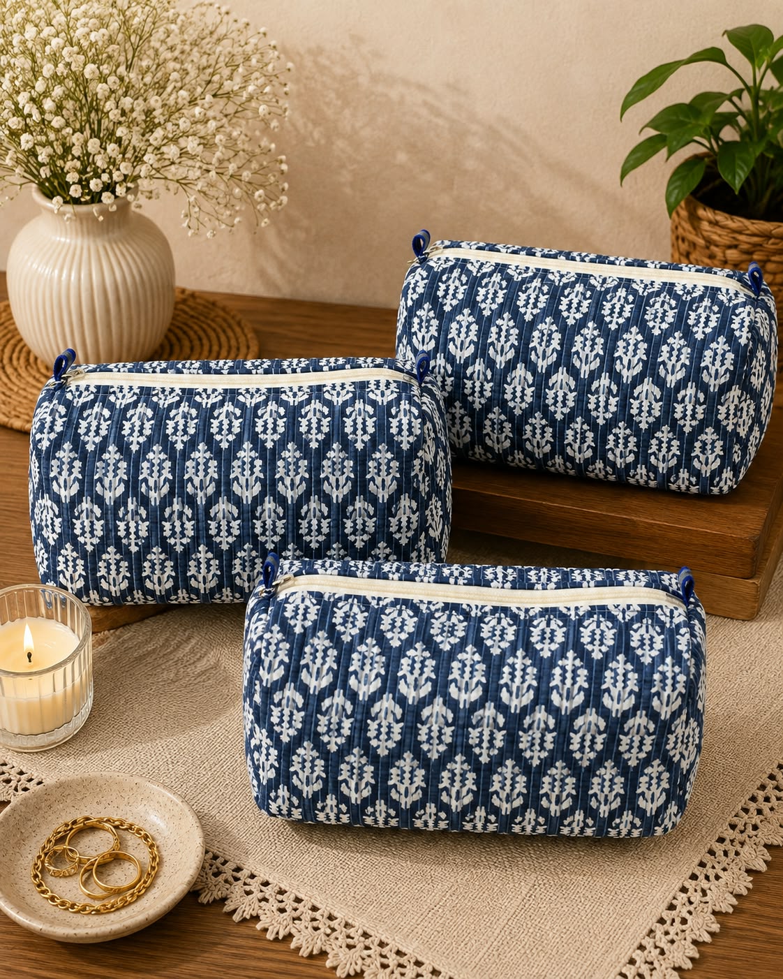 Set of 3 cosmetic bag/pouches with waterproof lining