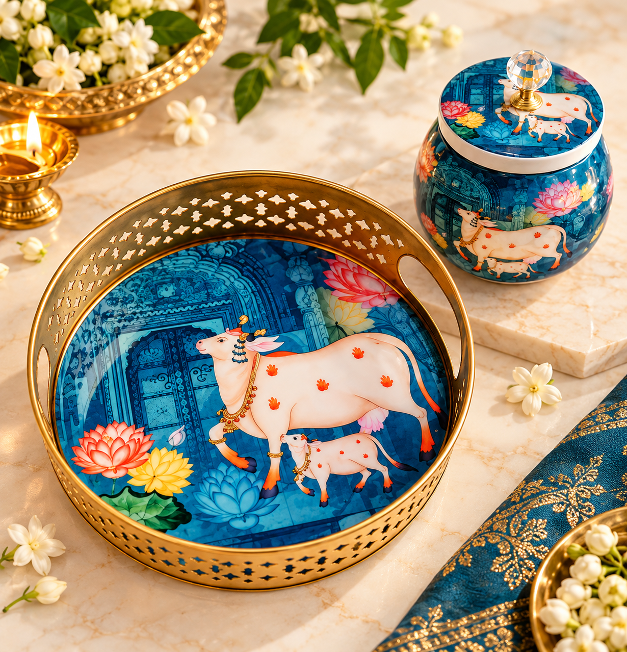 PICHWAI BLUE TRAY-JAR-DIYA SET