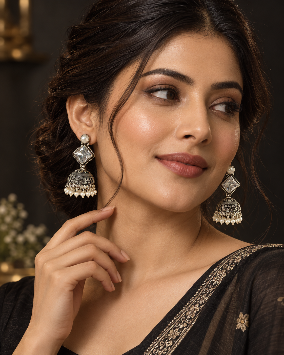 Maya Moti Oxidized Jhumki Earrings