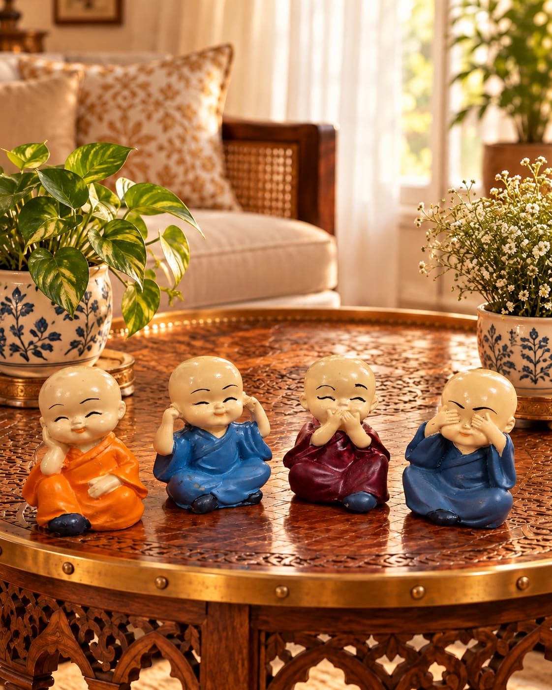 Cute Buddha Monk Figurines – Set of 4 | Mini Decorative Showpieces