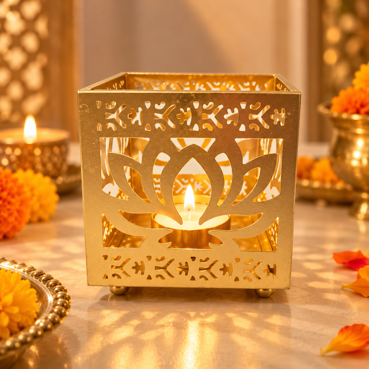 Metal Lotus-Engraved Box Tea Light Holder