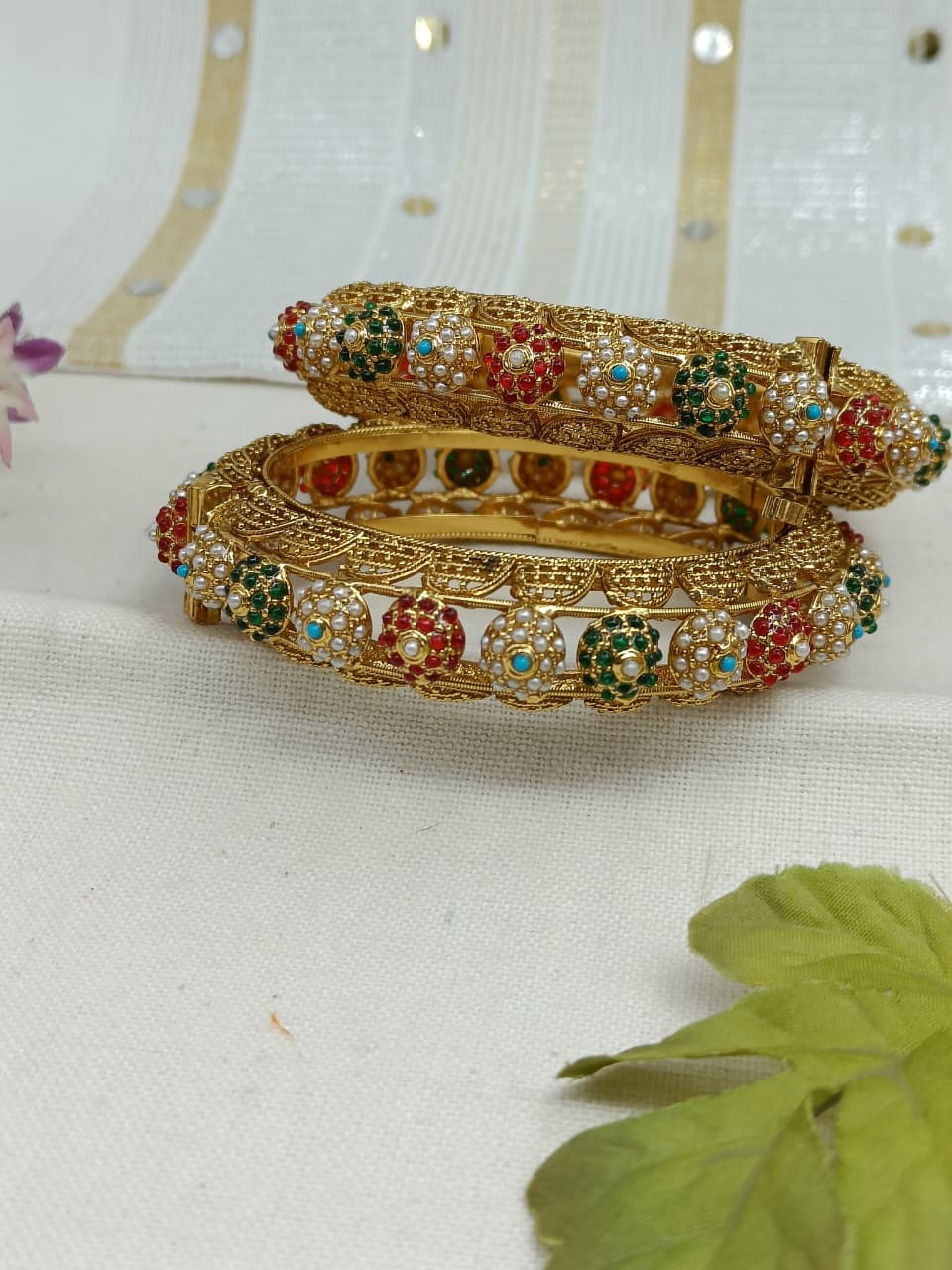Devangana Gold Plated Carved Bangle Set