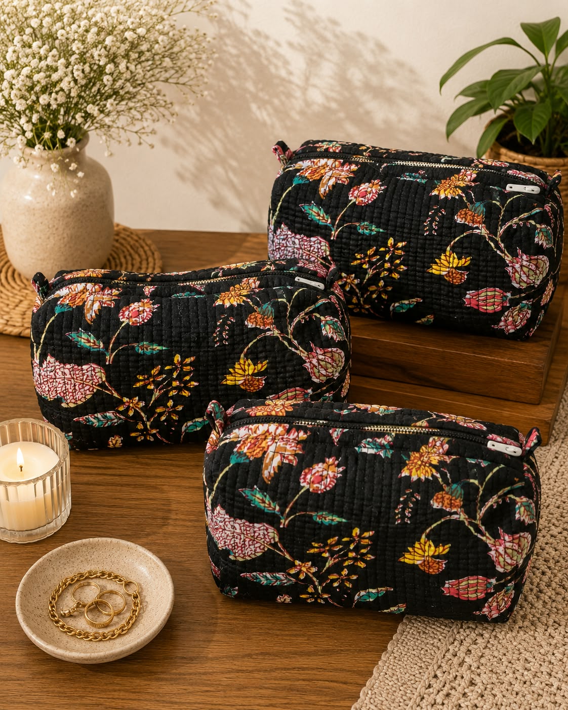Set of 3 cosmetic bag/pouches with waterproof lining
