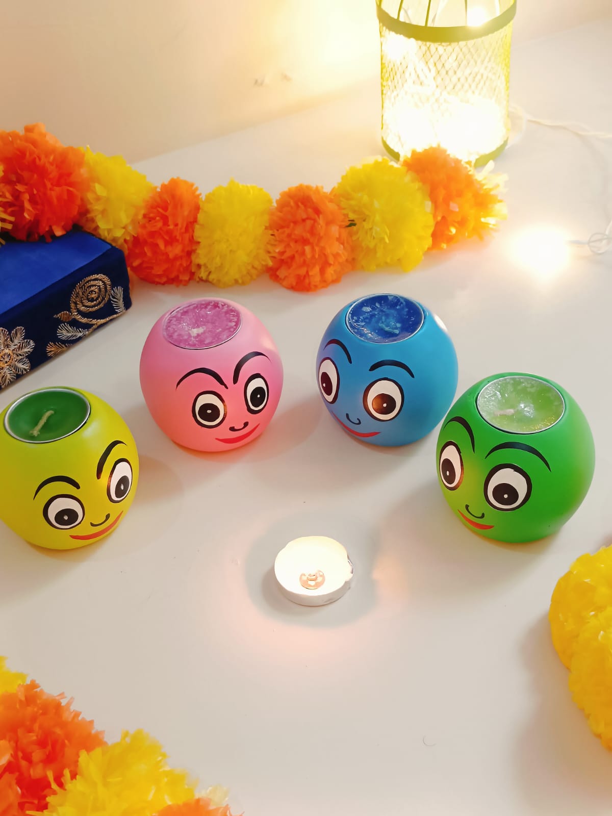 Handcrafted Multicolor Smiley Ball Tealight Holder ( Set of 4 ) - Decorative Candle Holders For home