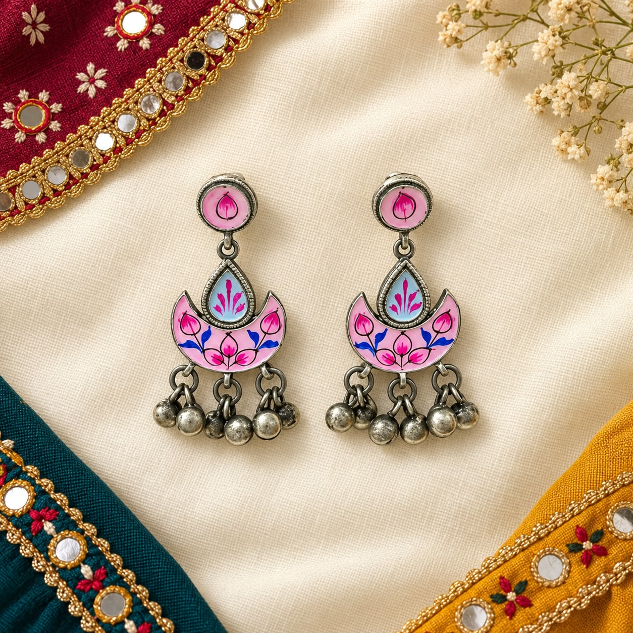 Gulabi Meenakari Jhumki Earrings