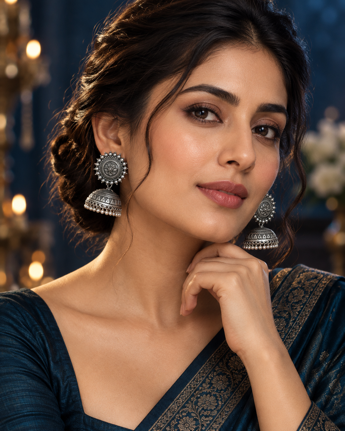 Silver Look Alike Surajmukhi Jhumki Earrings