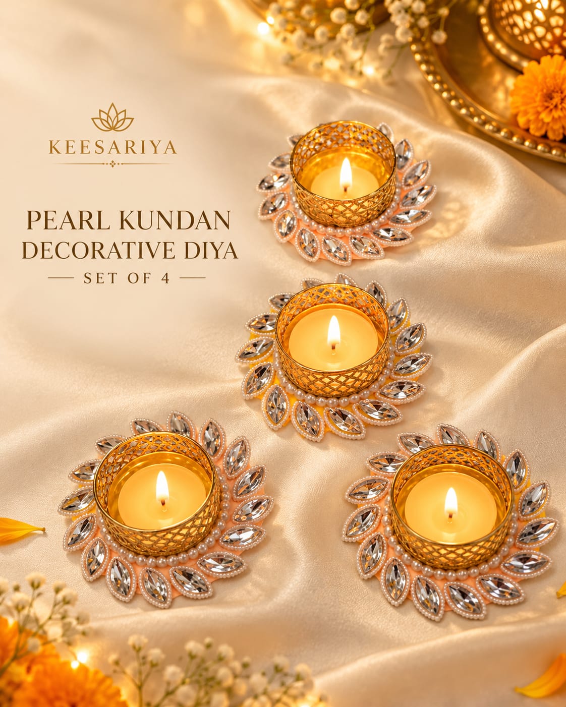 Pearl Kundan Decorative Diya -4 DIYA SET[with WAX TEALIGHTS]