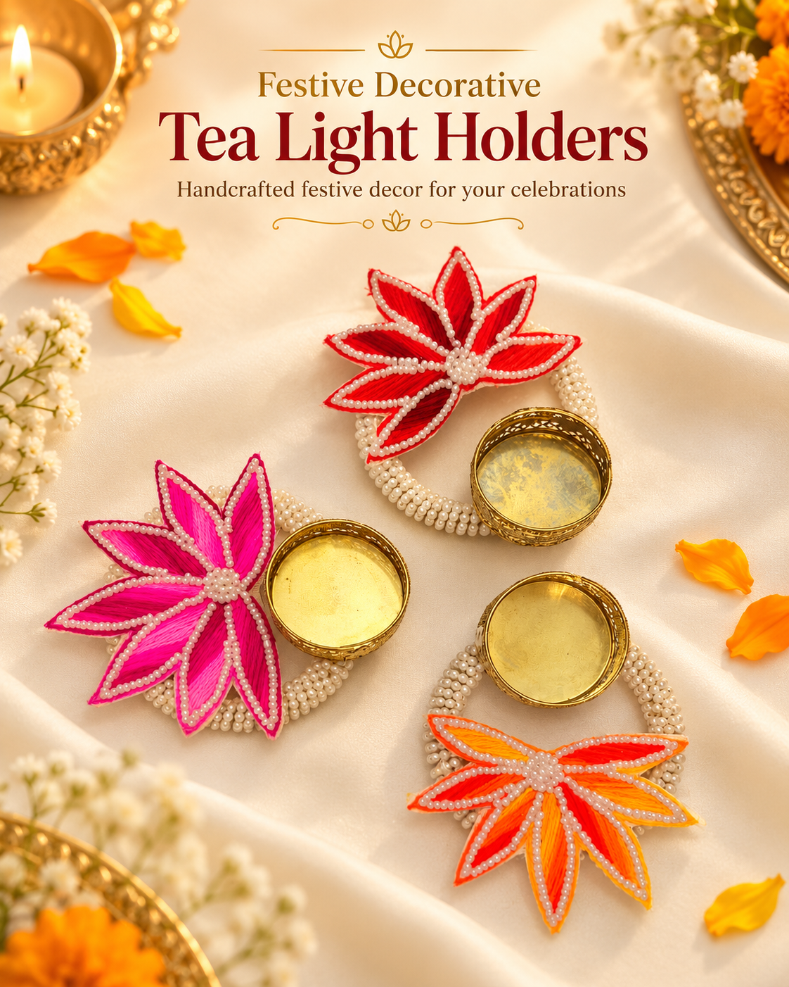 BLING BLISS DECORATIVE -4 DIYA SET[with WAX TEALIGHTS]