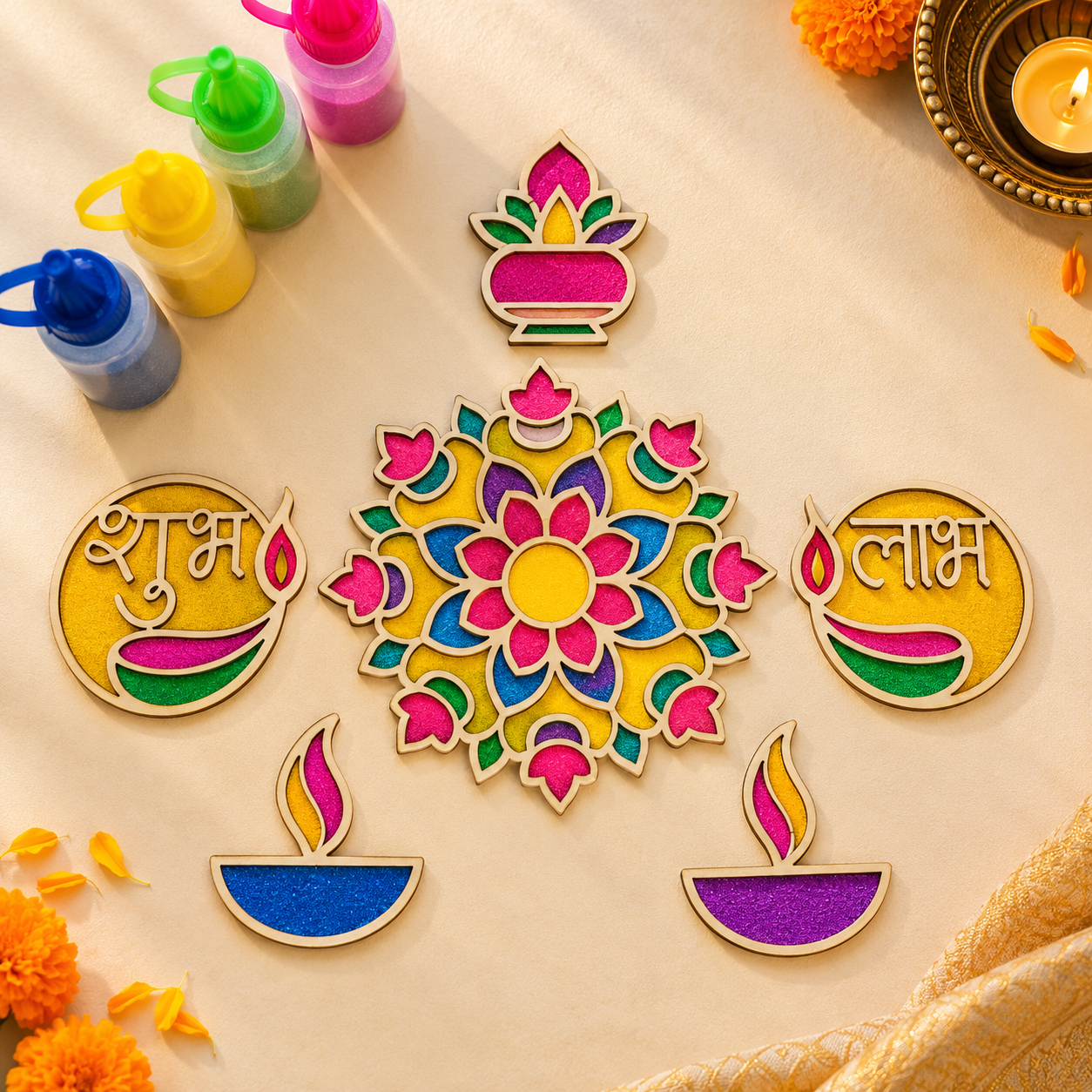 MDF Rangoli stencils with powder colors 10pc Combo