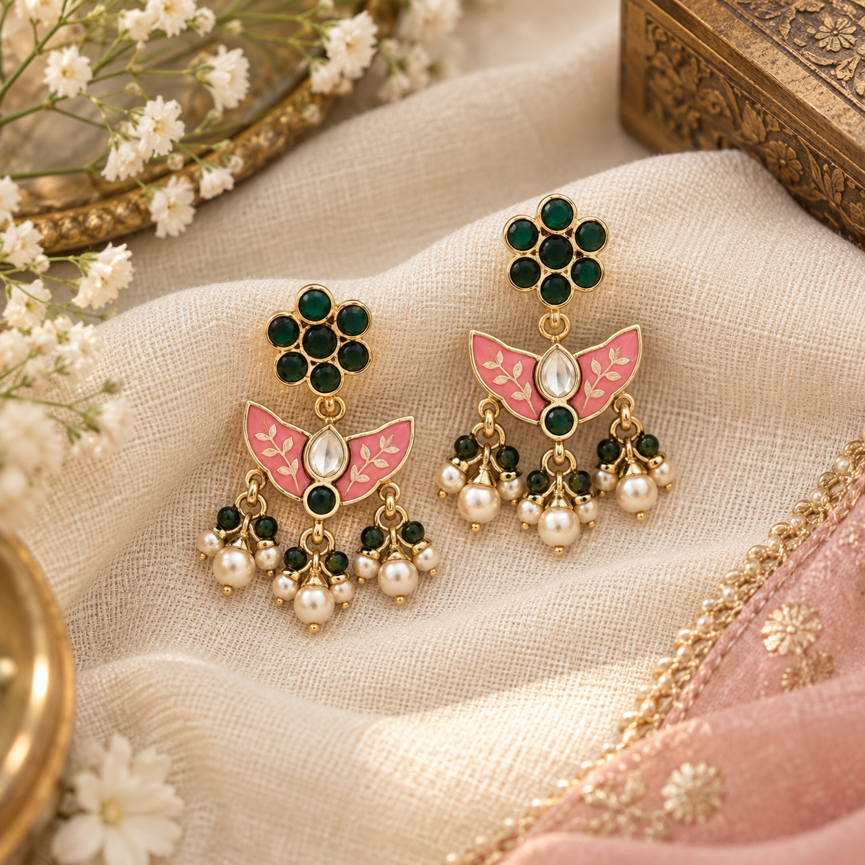 Gulabi Meenakari Jhumki Earrings