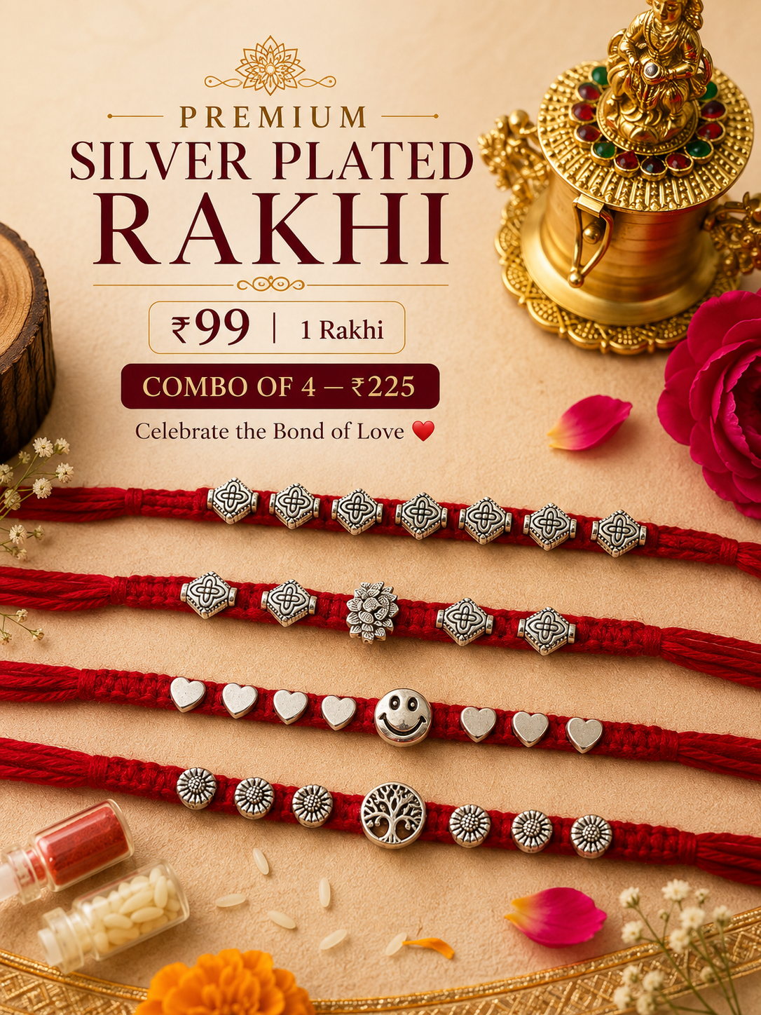 Oxidized Brass Bead Rakhis (Combo of 4)