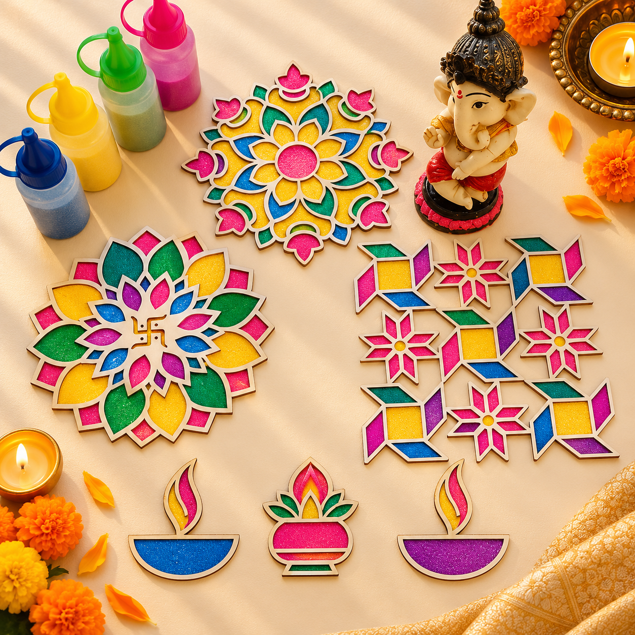 MDF Rangoli stencils with powder colors 10pc Combo