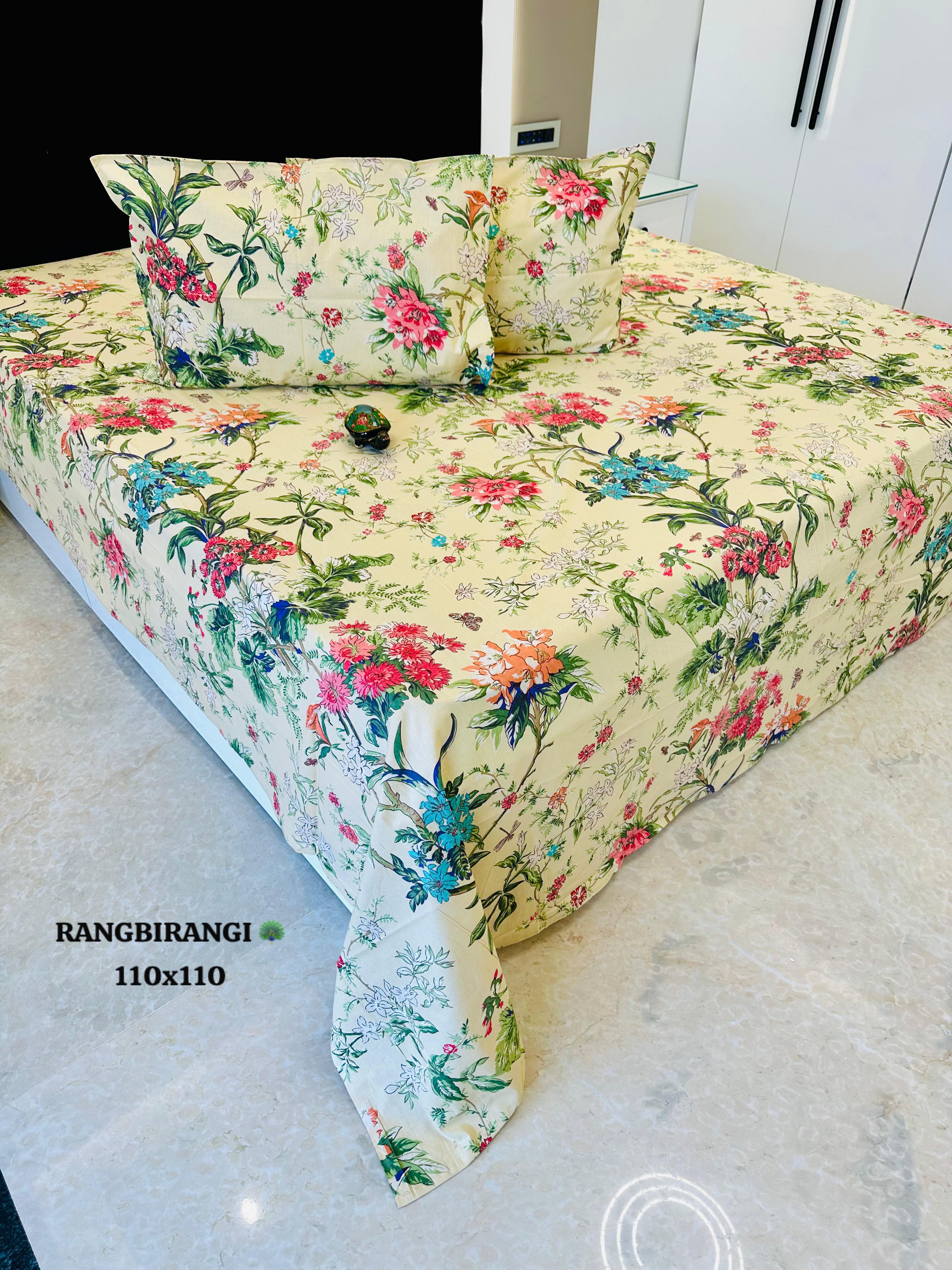 Aangan Phool Jumbo King Bedsheet Set |110x110 inches | 100% Cotton