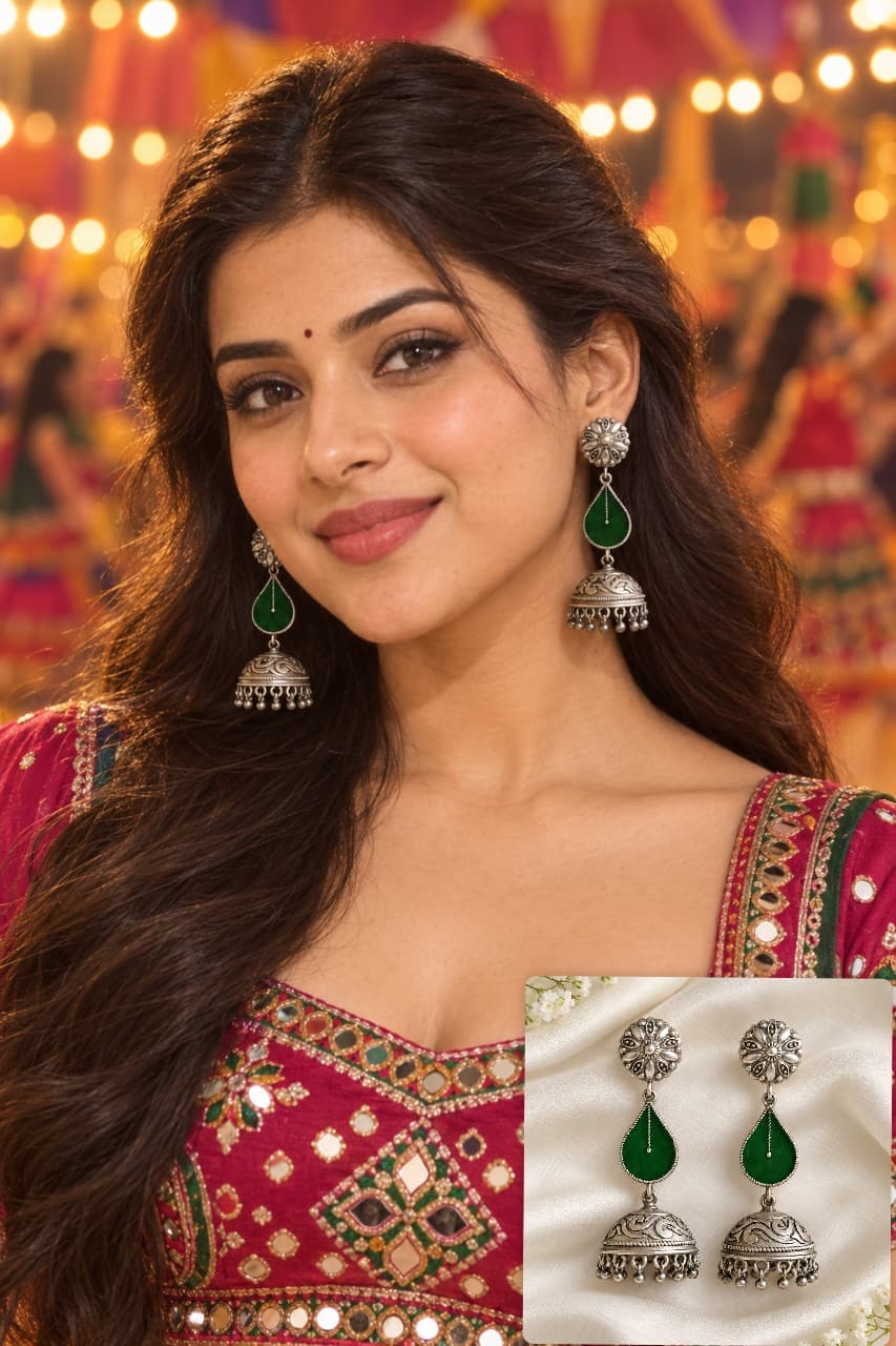 Mrittika Green Silver Look Alike Earrings