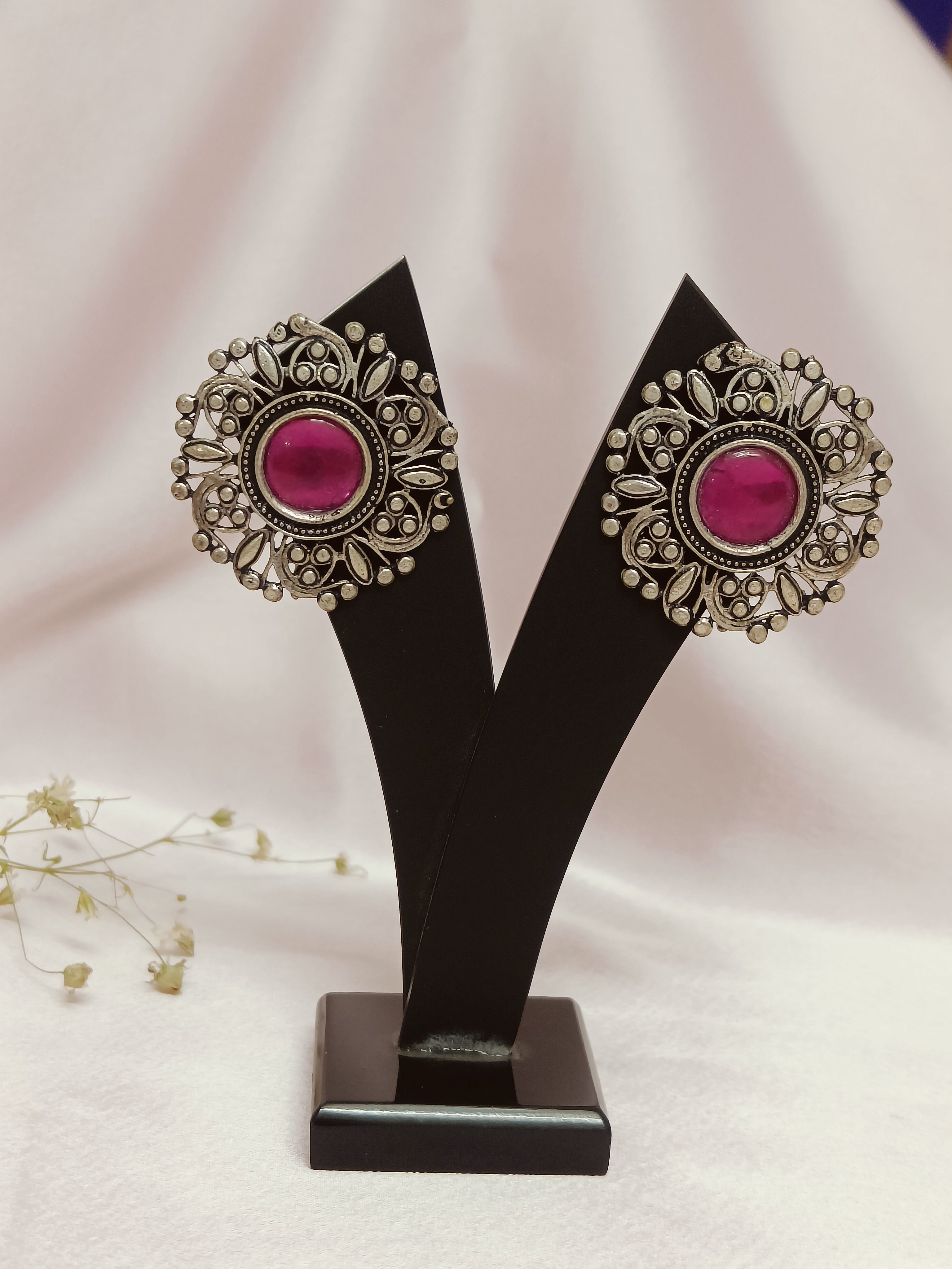 Pink Bold Oxidized Stud Earrings