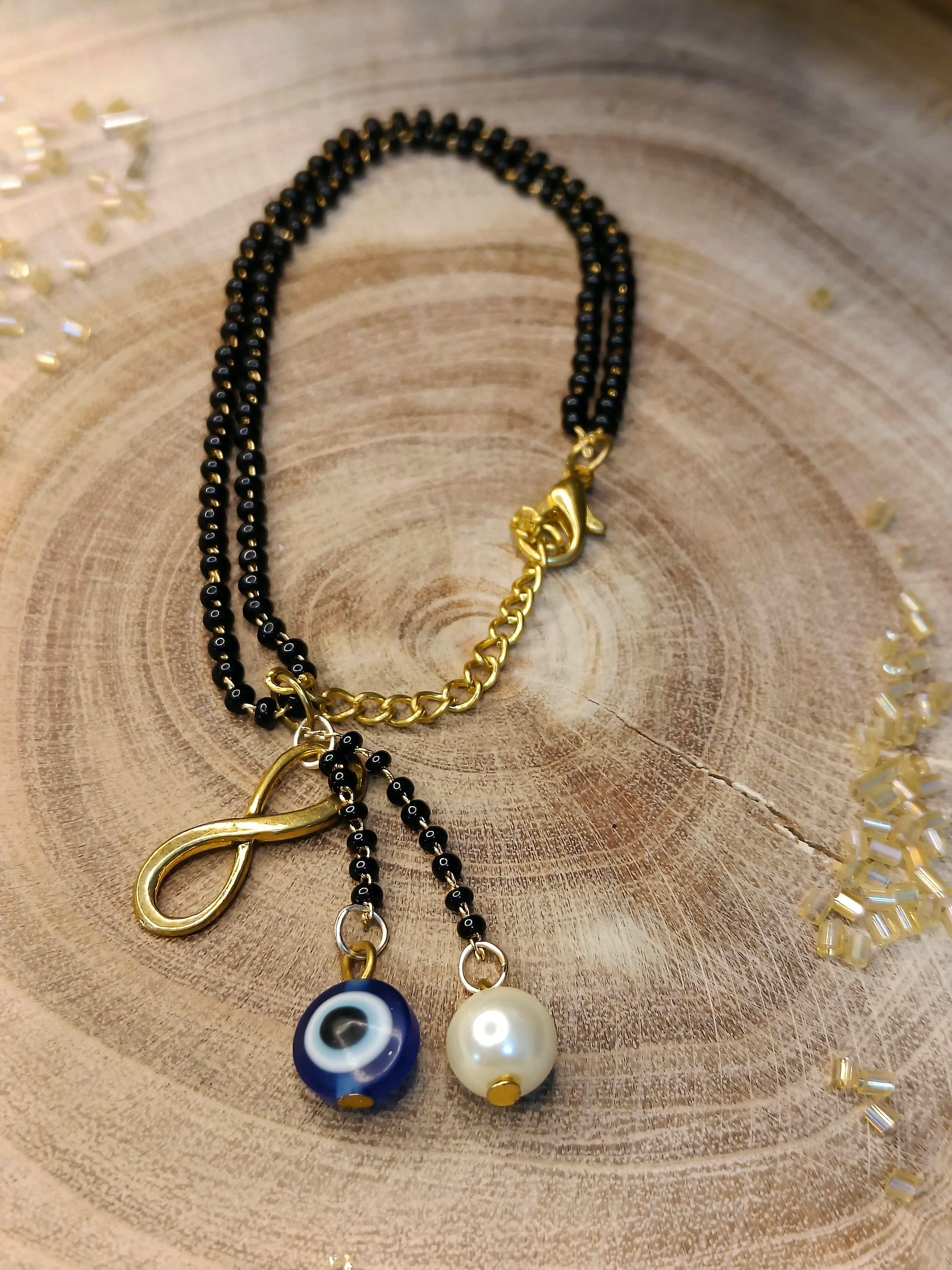 Black Bead -Charm Hand Bracelet / Rakhi