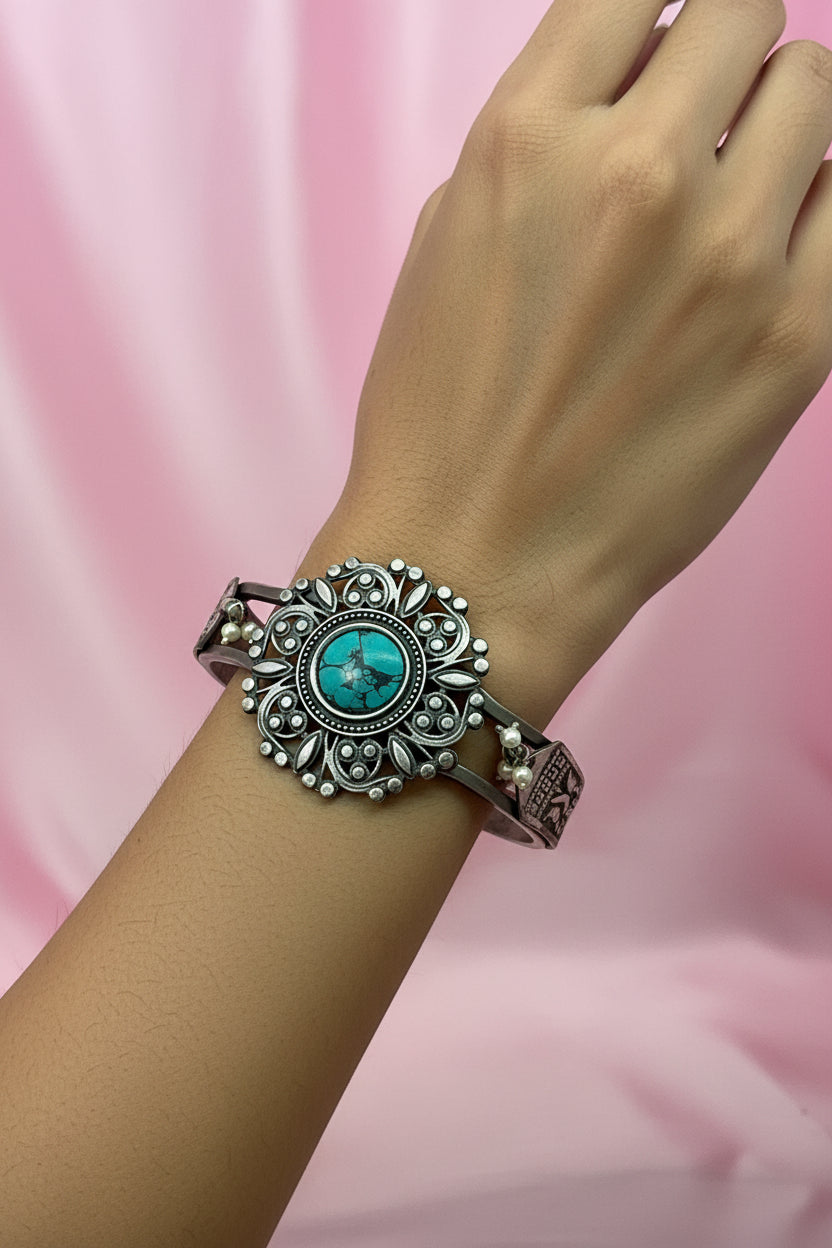 Karigari Firoza Silver Look Alike Kada/ Bracelet [freesize]