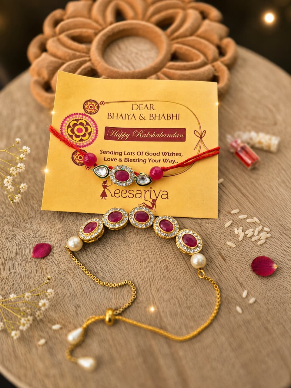 Red Kundan Couple Rakhi  (Best to Buy)