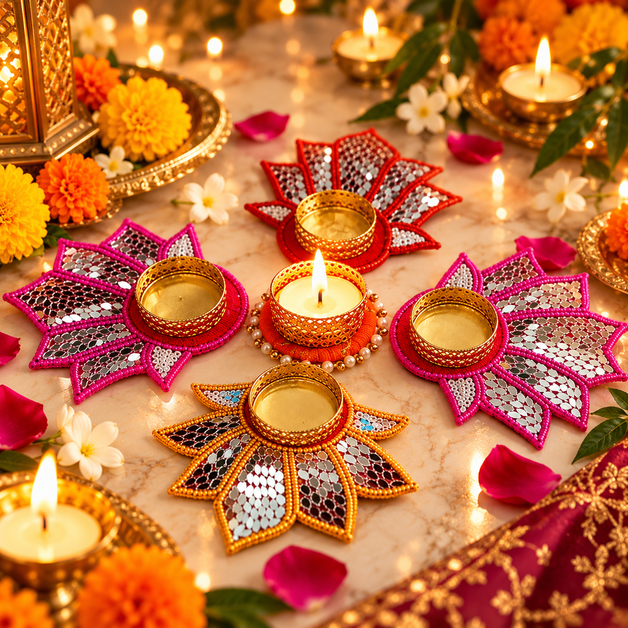 BLING BLISS DECORATIVE -5 DIYA SET[with WAX TEALIGHTS]