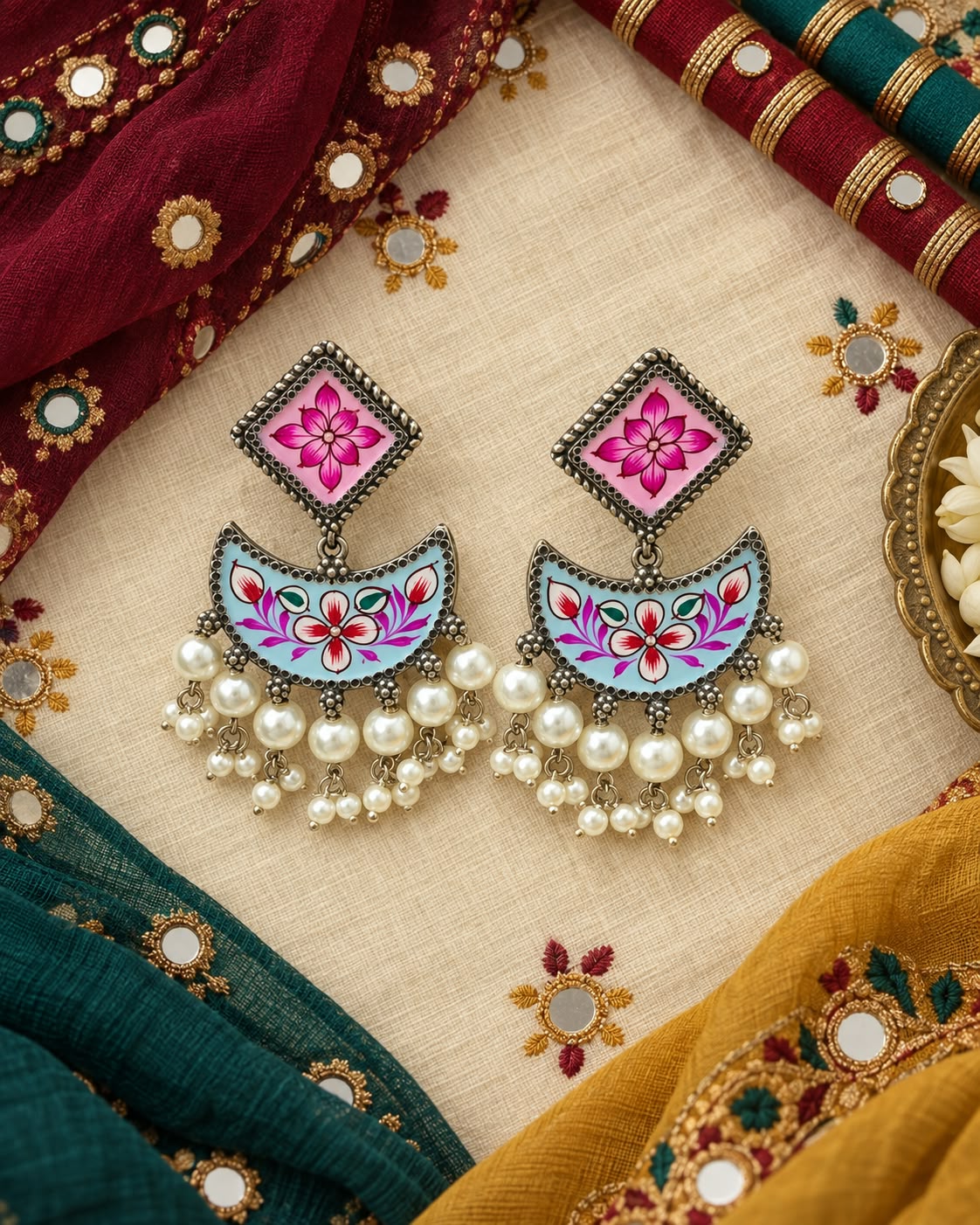 Rajgharane Meenakari Chandbali Earrings