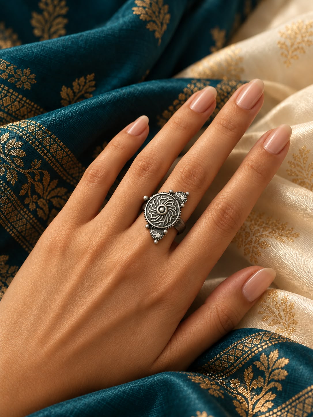 Kashida Oxidised Silver-Look Adjustable Ring