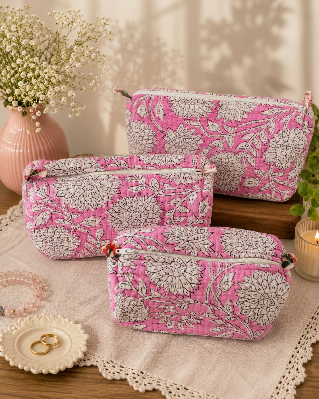 Set of 3 cosmetic bag/pouches with waterproof lining