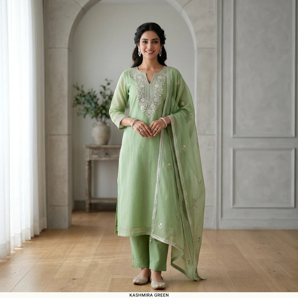 Kashmira Green Patti Kota Doriya Silk Suit