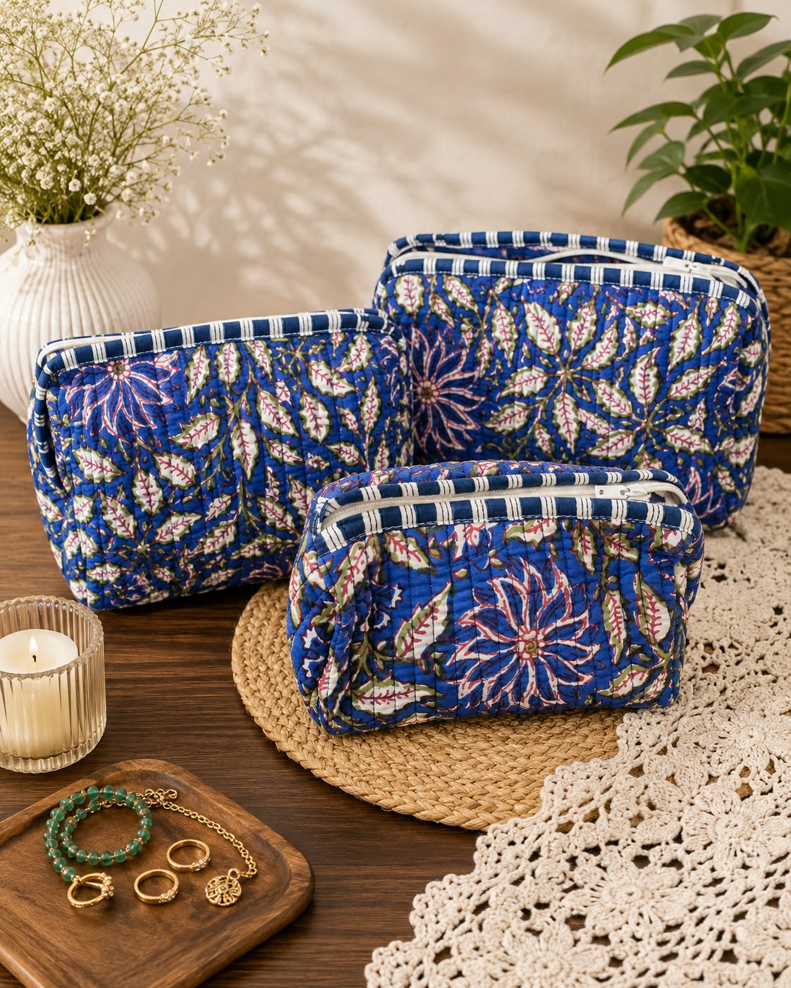Set of 3 cosmetic bag/pouches with waterproof lining