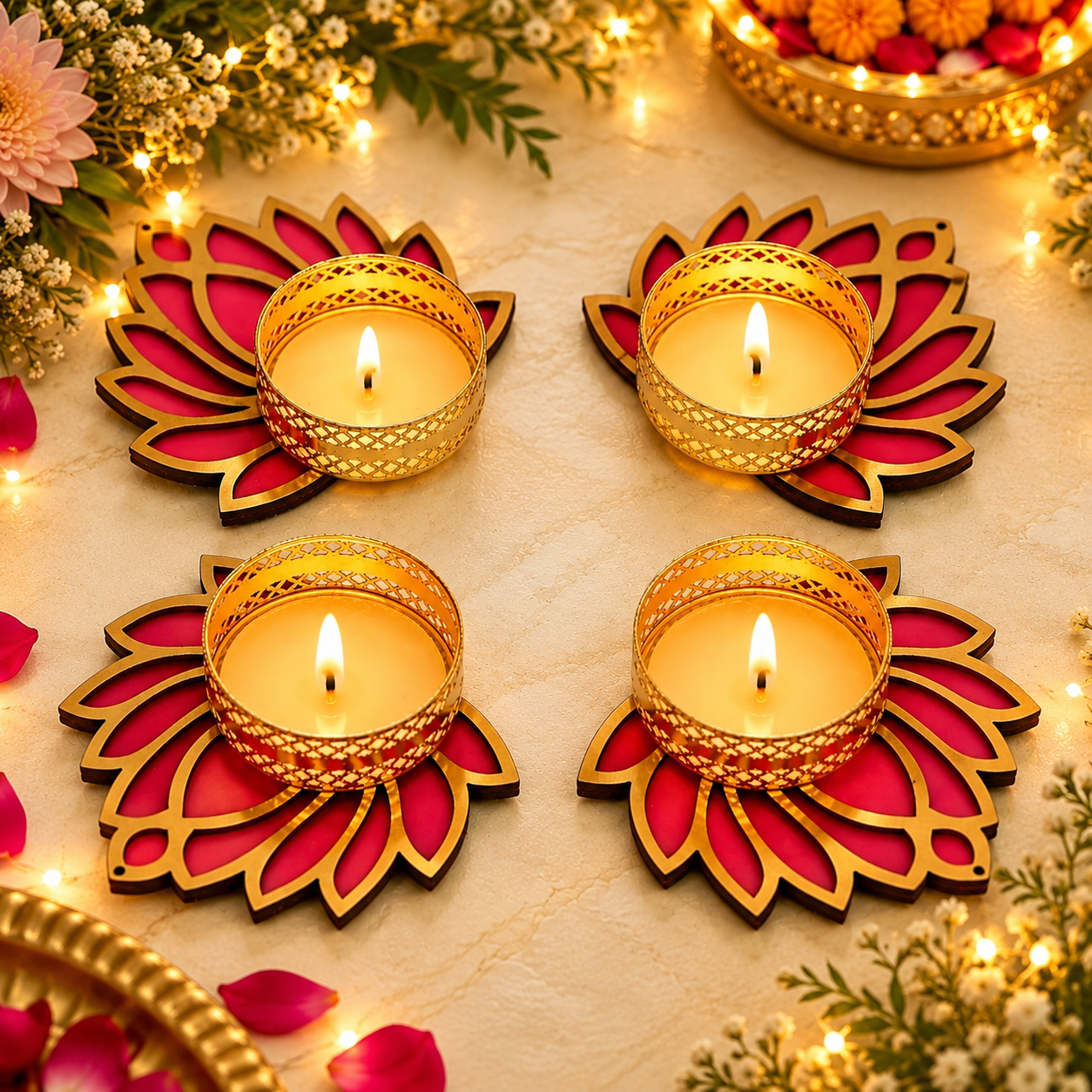 STARLIT DECORATIVE 4/8 DIYA SET [ With 4/8 WAX TEALIGHTS]