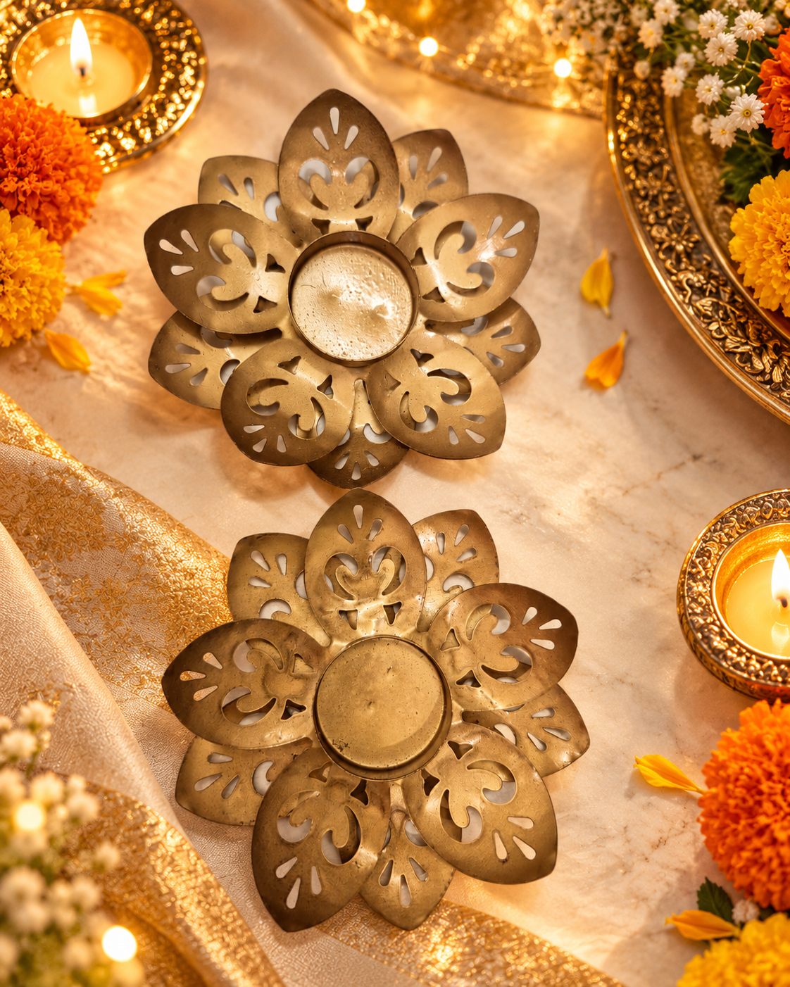 METAl FLOWER DIYA URLI WITH WAX TEALIGHt