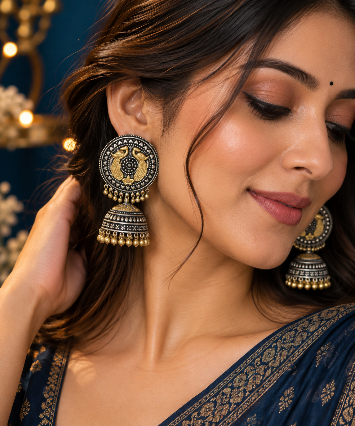 Dual Tone Moor Oxidized Jhumki Earrings