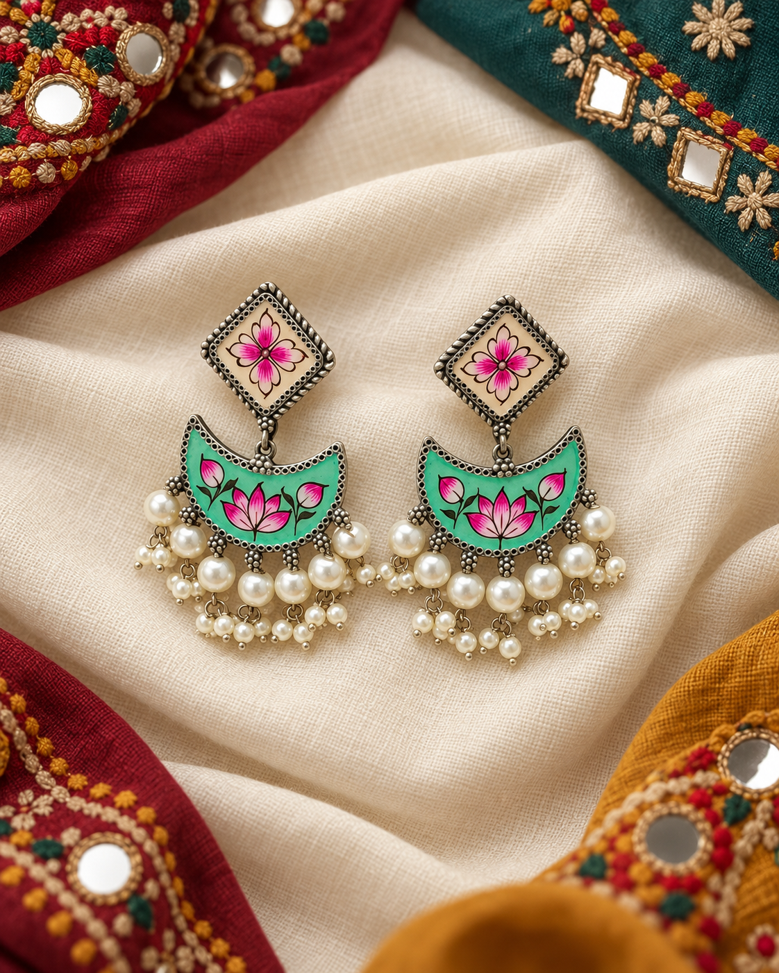 Rajgharane Meenakari Chandbali Earrings