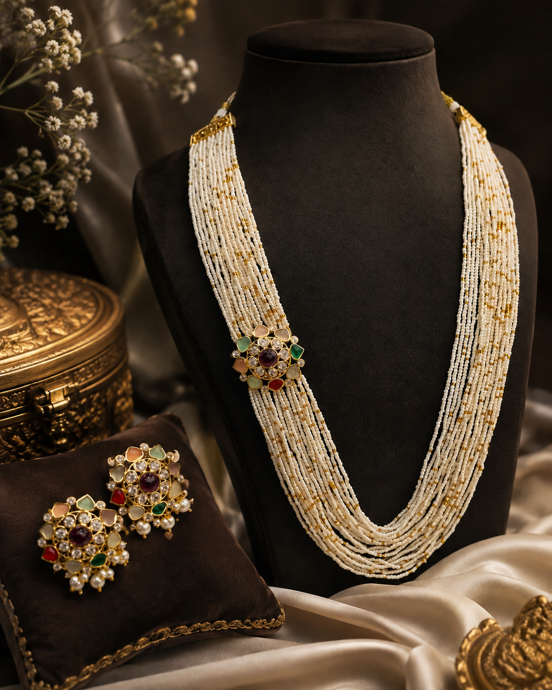 Side-Pendant Navratna Set in Seed Beads